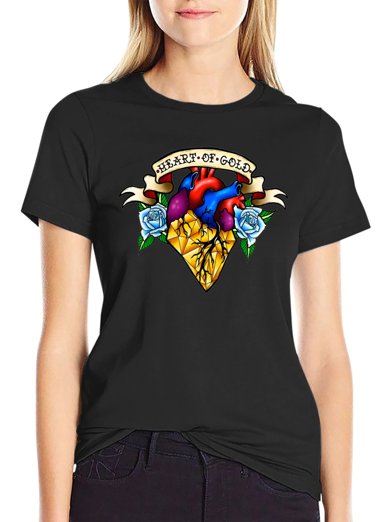 Black Heart of Gold Graphic T-Shirt - Unique Tattoo Style Design view 2