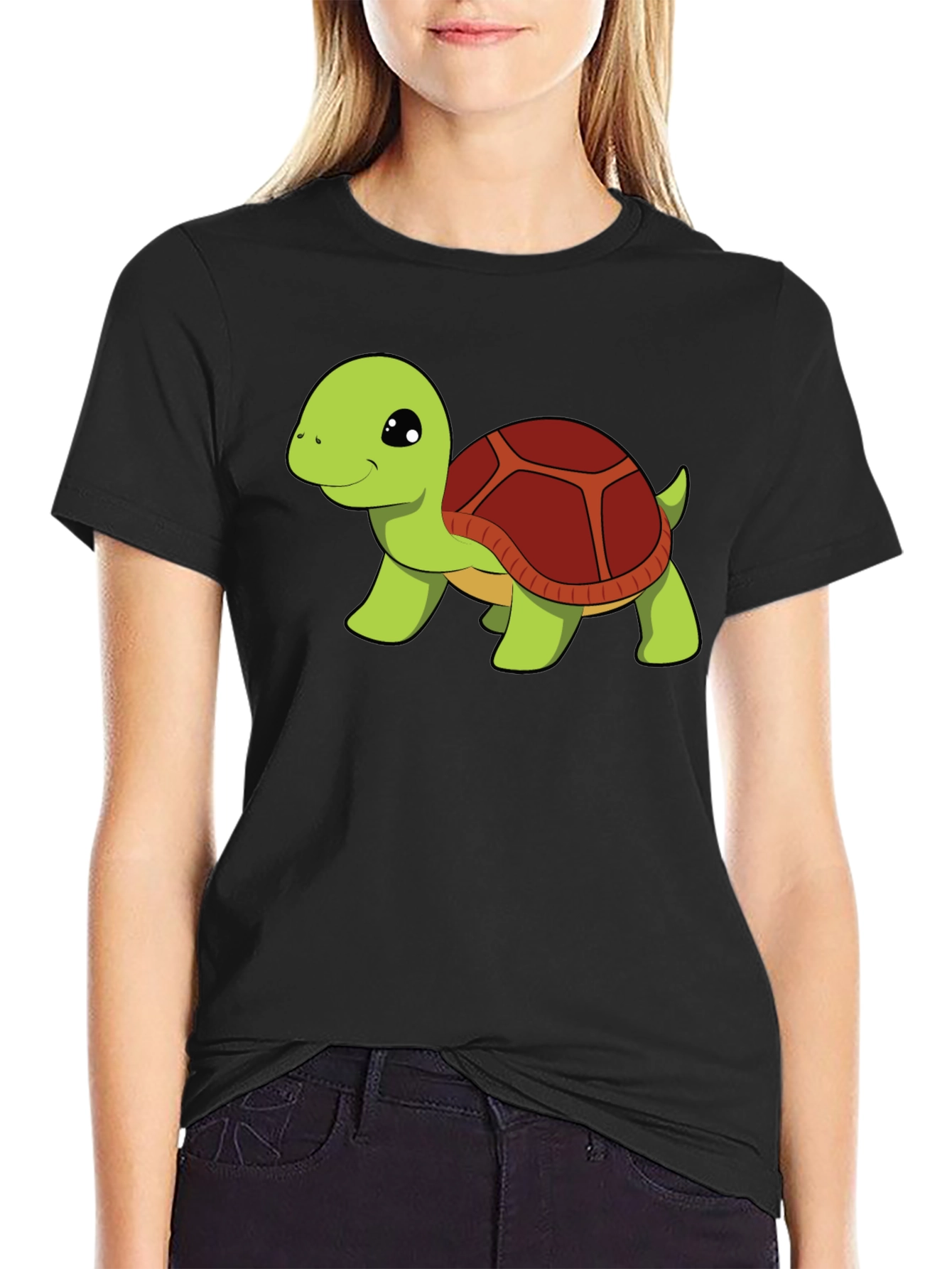 Black Cute Turtle Graphic Tee - Black Cotton T-Shirt view 2