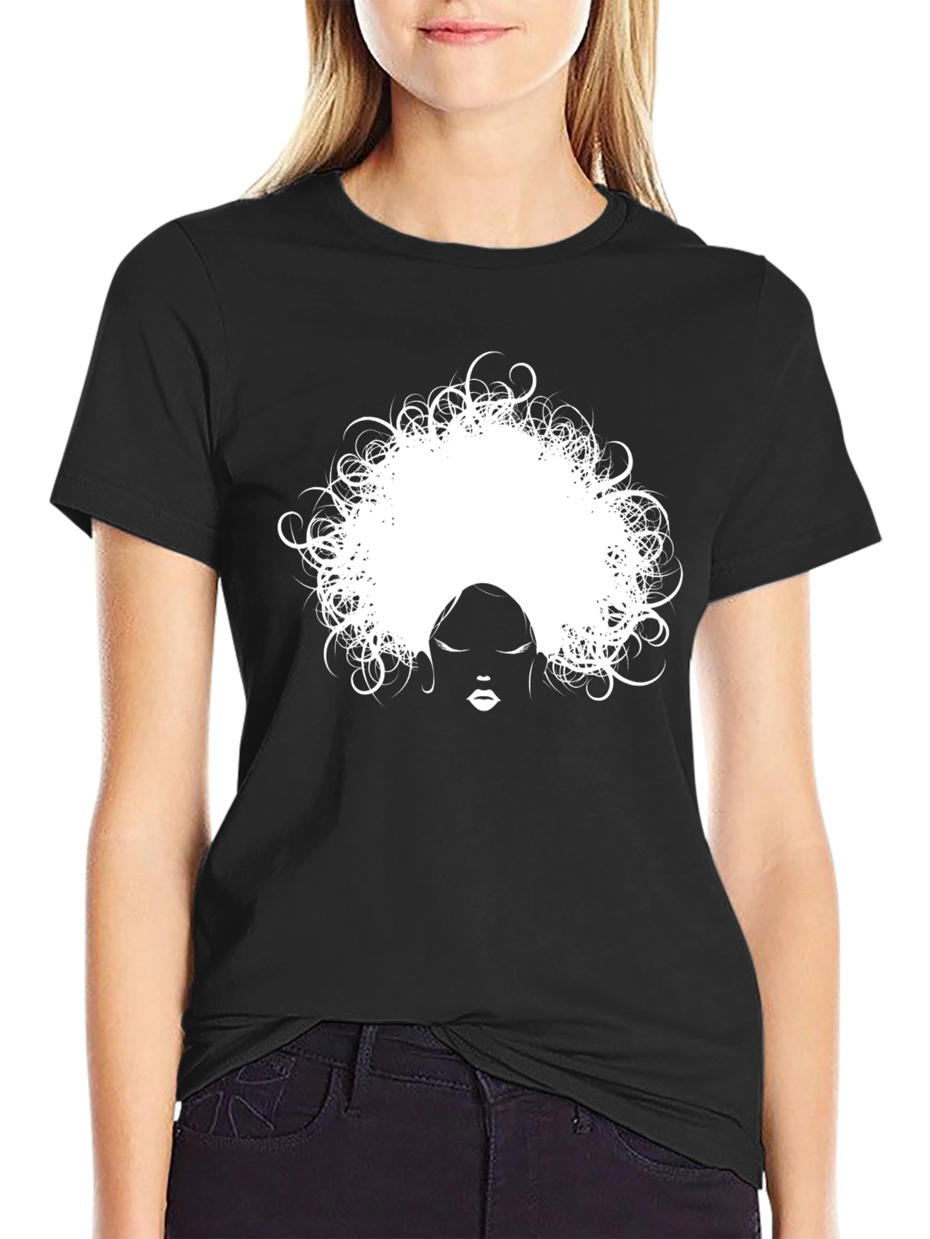 Black Afro Woman Graphic Tee - Stylish Black Cotton T-Shirt view 2
