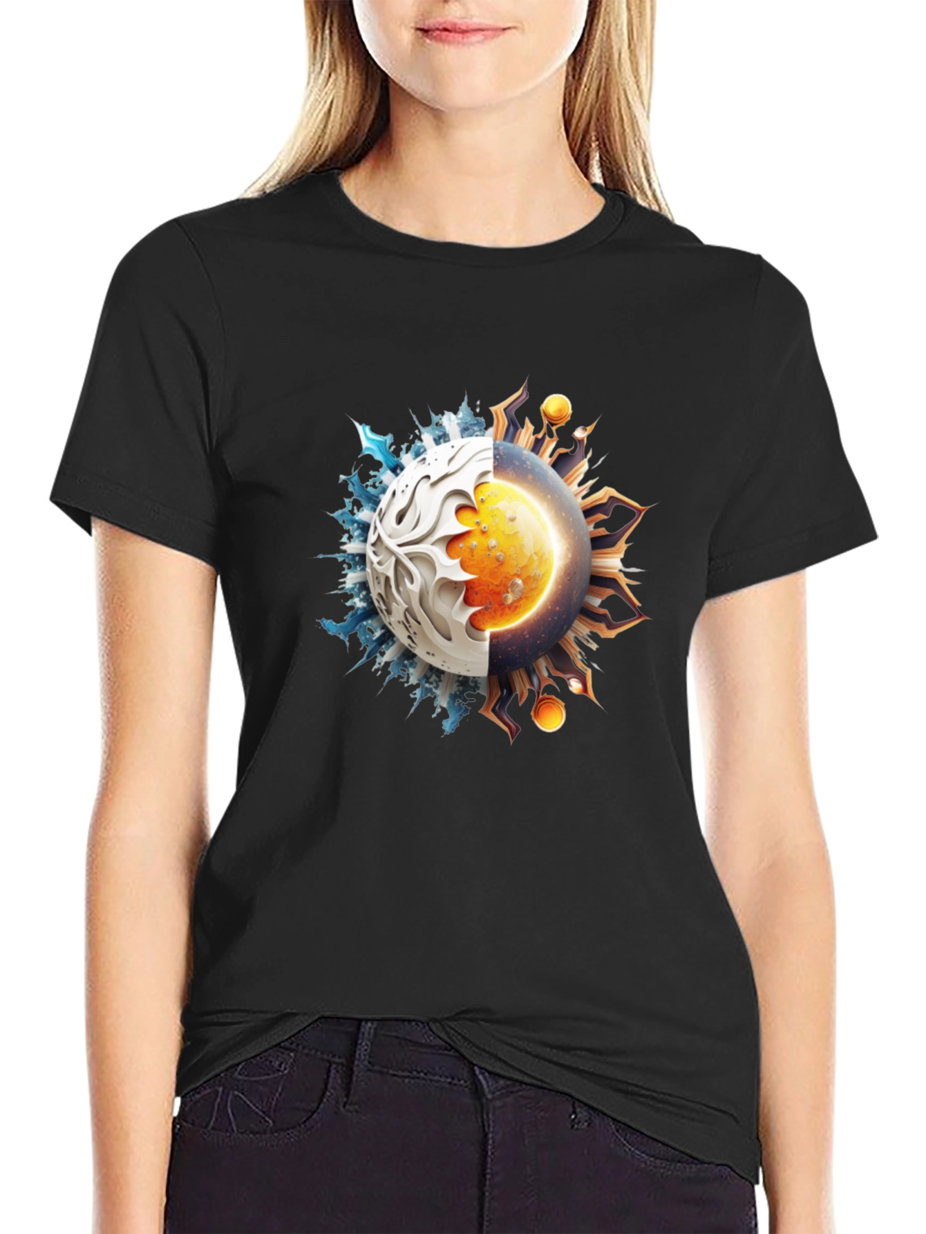 Black Yin Yang Sun and Ice Planet Graphic Tee view 2