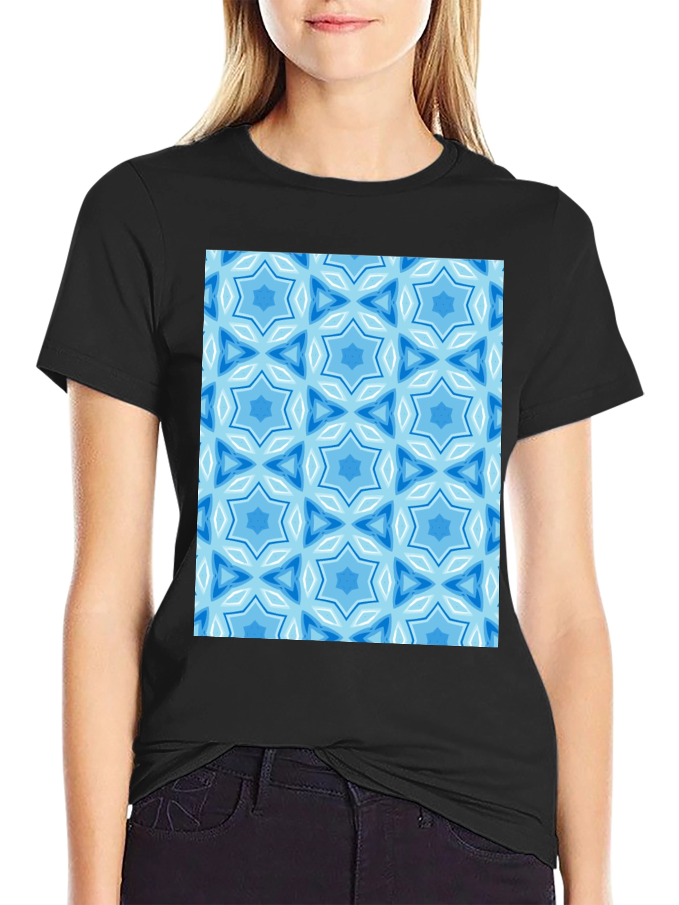 Black Blue Starburst Pattern Black T-Shirt view 2