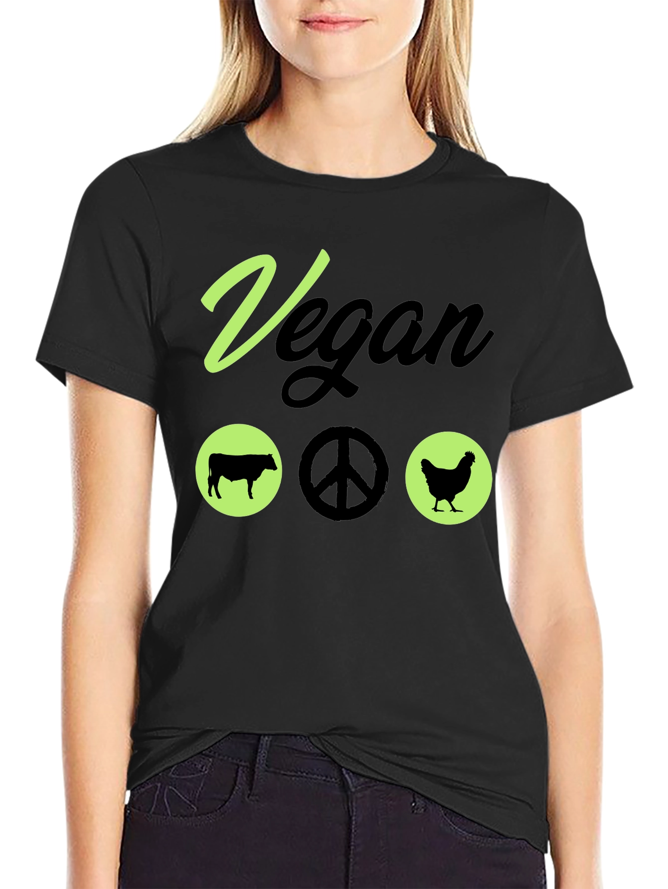 Black Vegan Peace T-Shirt Animal Lover Vegetarian Tee view 2