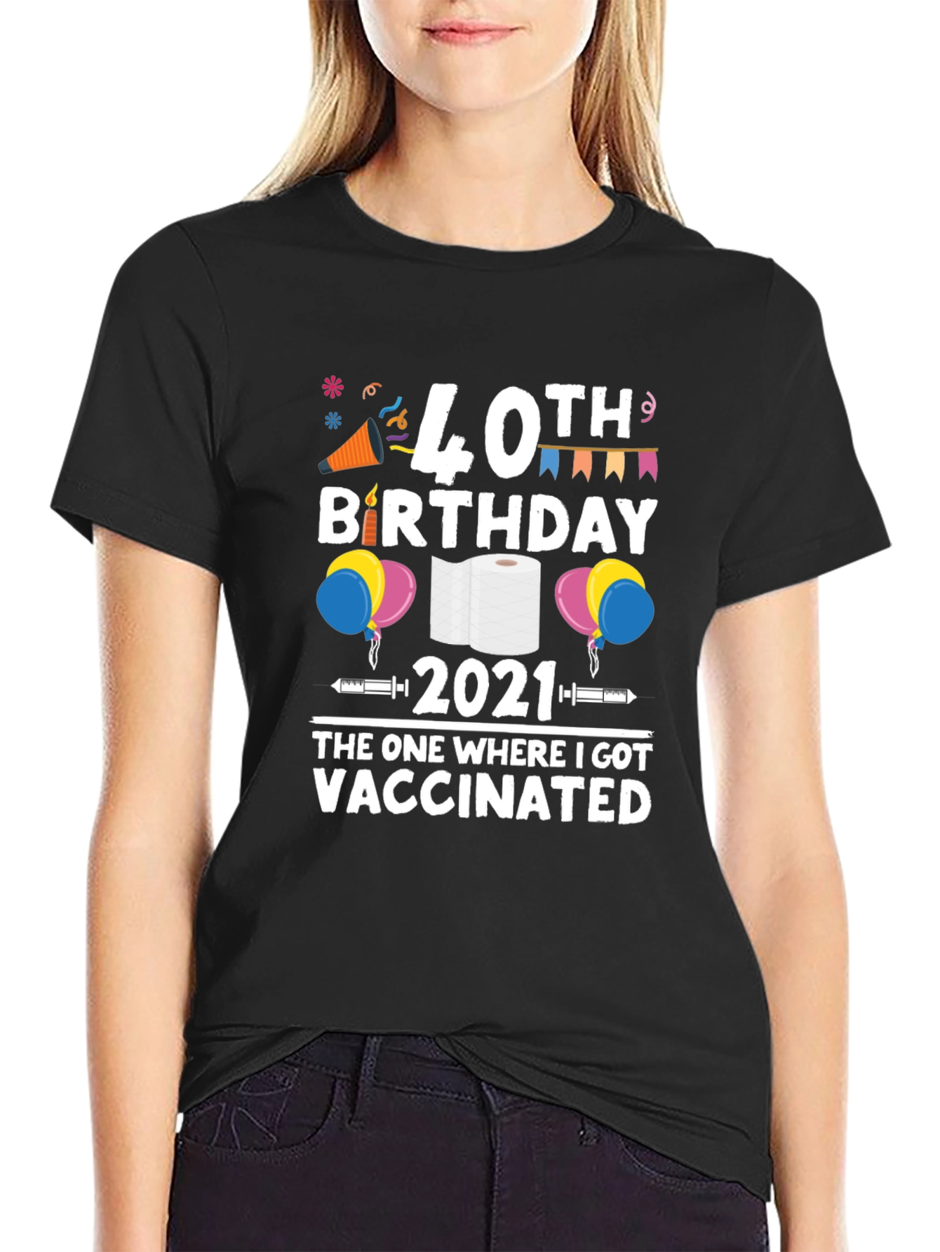 Black 40th Birthday Vaccinated 2021 Novelty T-Shirt view 2