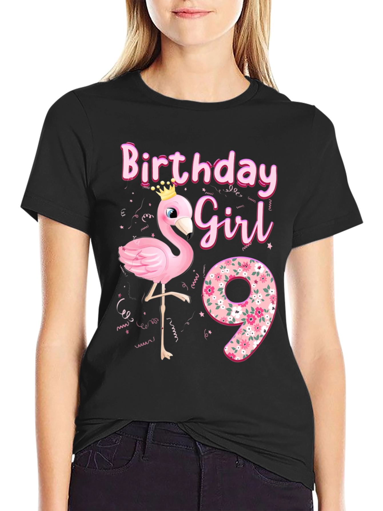 Black Birthday Girl 9th Flamingo T-Shirt view 2