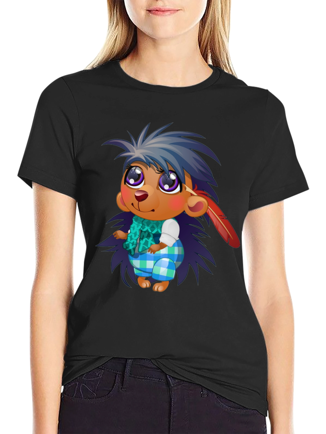 Black Cartoon Hedgehog Graphic Tee - Unisex Black T-Shirt view 2