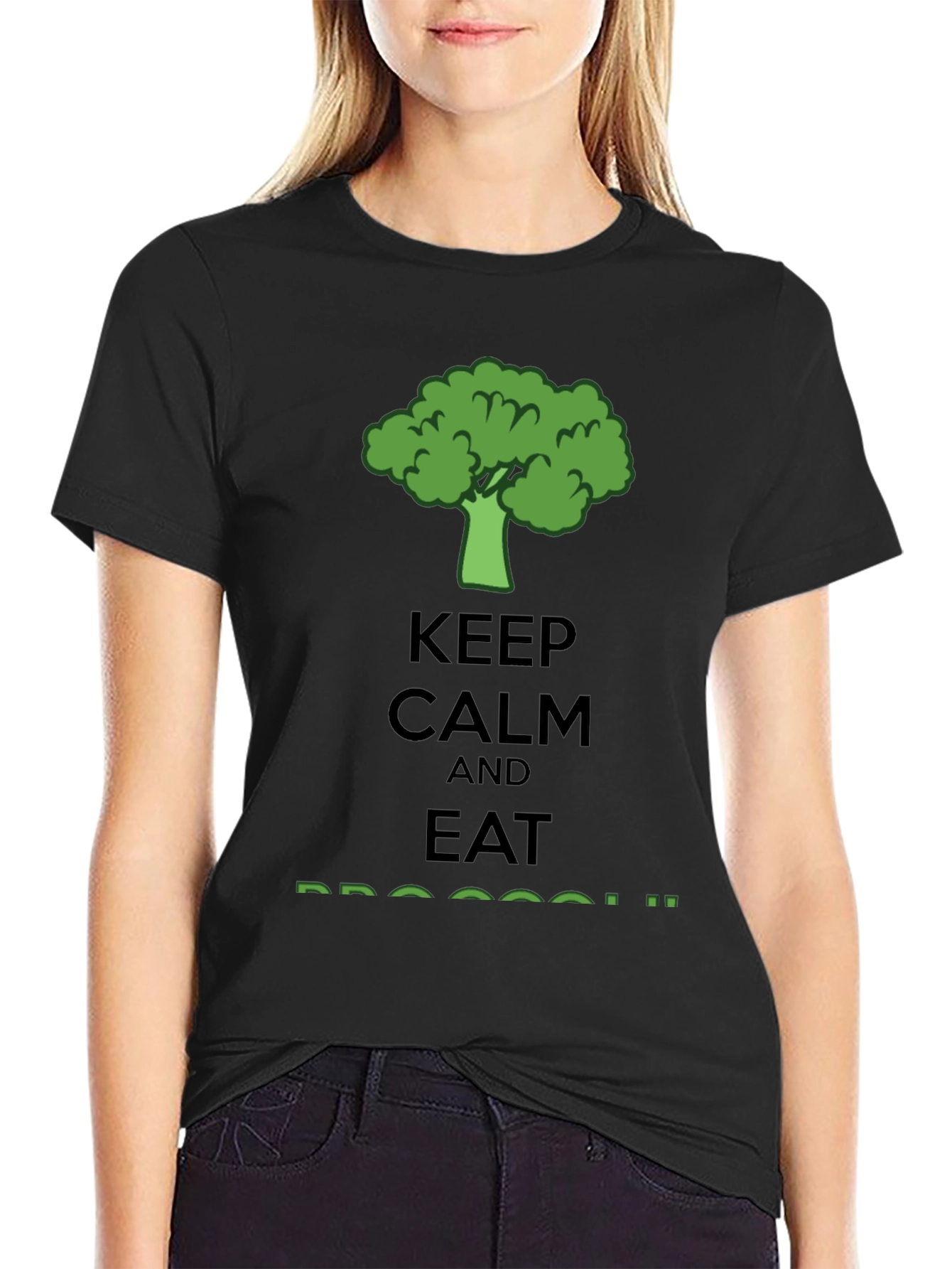 Black Keep Calm Eat Broccoli T-Shirt - Funny Vegan Tee view 2