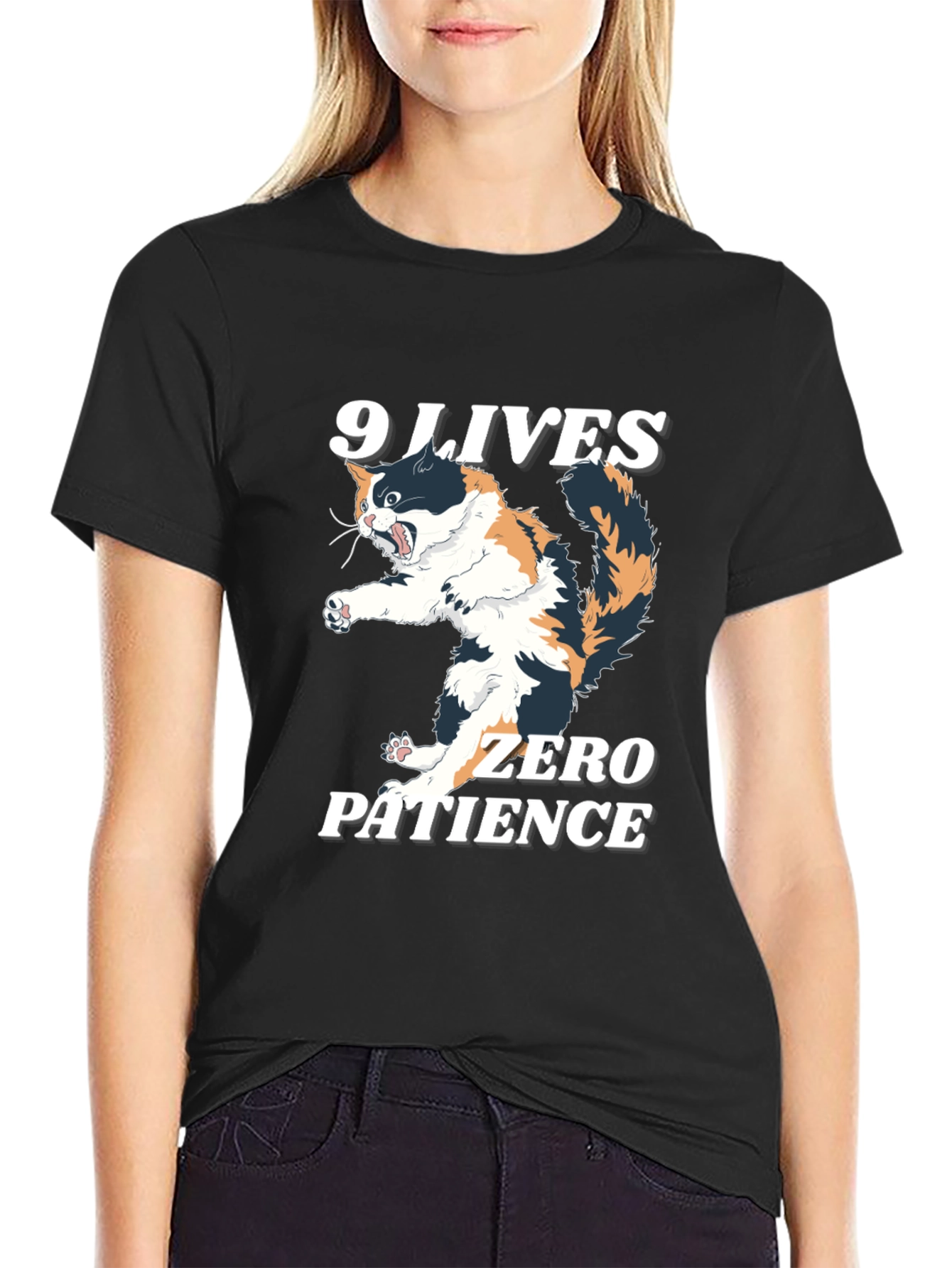 Black 9 Lives Zero Patience Cat Graphic Tee view 2