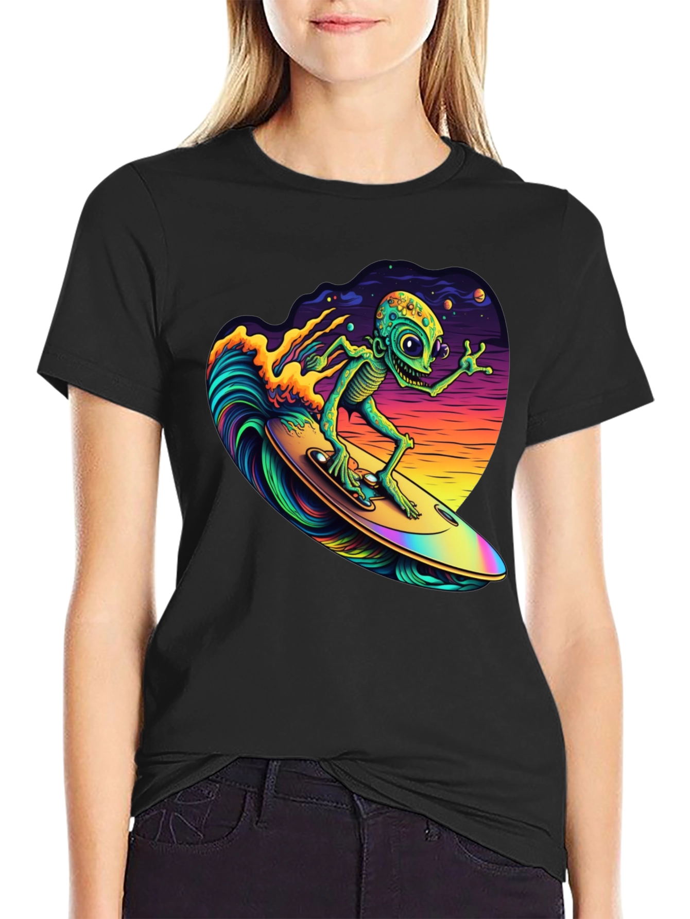 Black Surfing Alien T-Shirt - Black Cotton Tee view 2