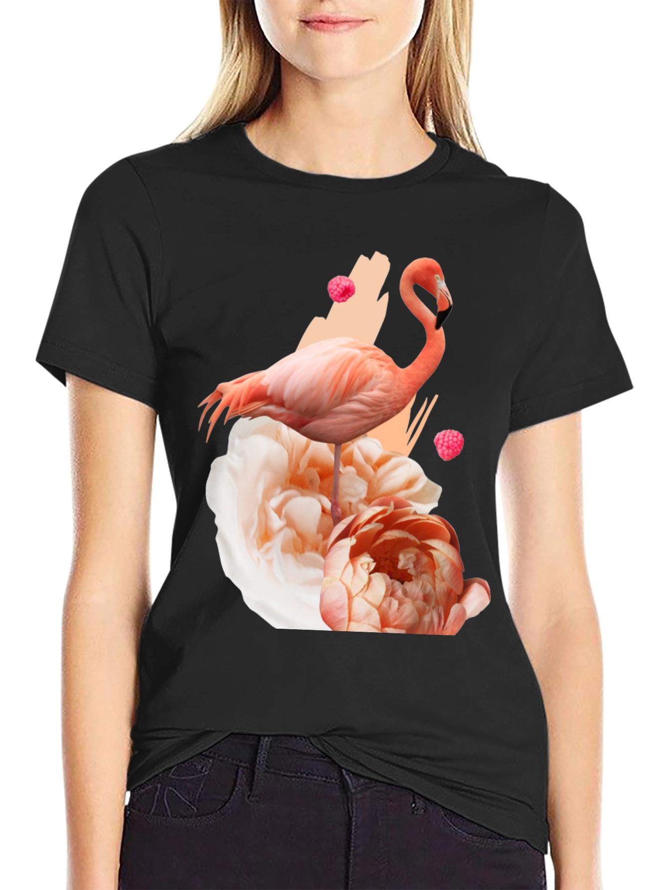 Black Flamingo Floral Graphic Black T-Shirt view 2