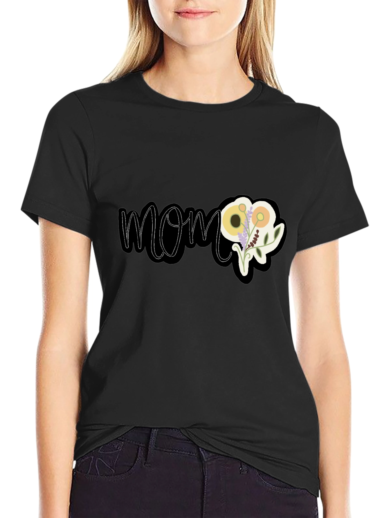 Black Floral MOM Graphic Black T-Shirt view 2