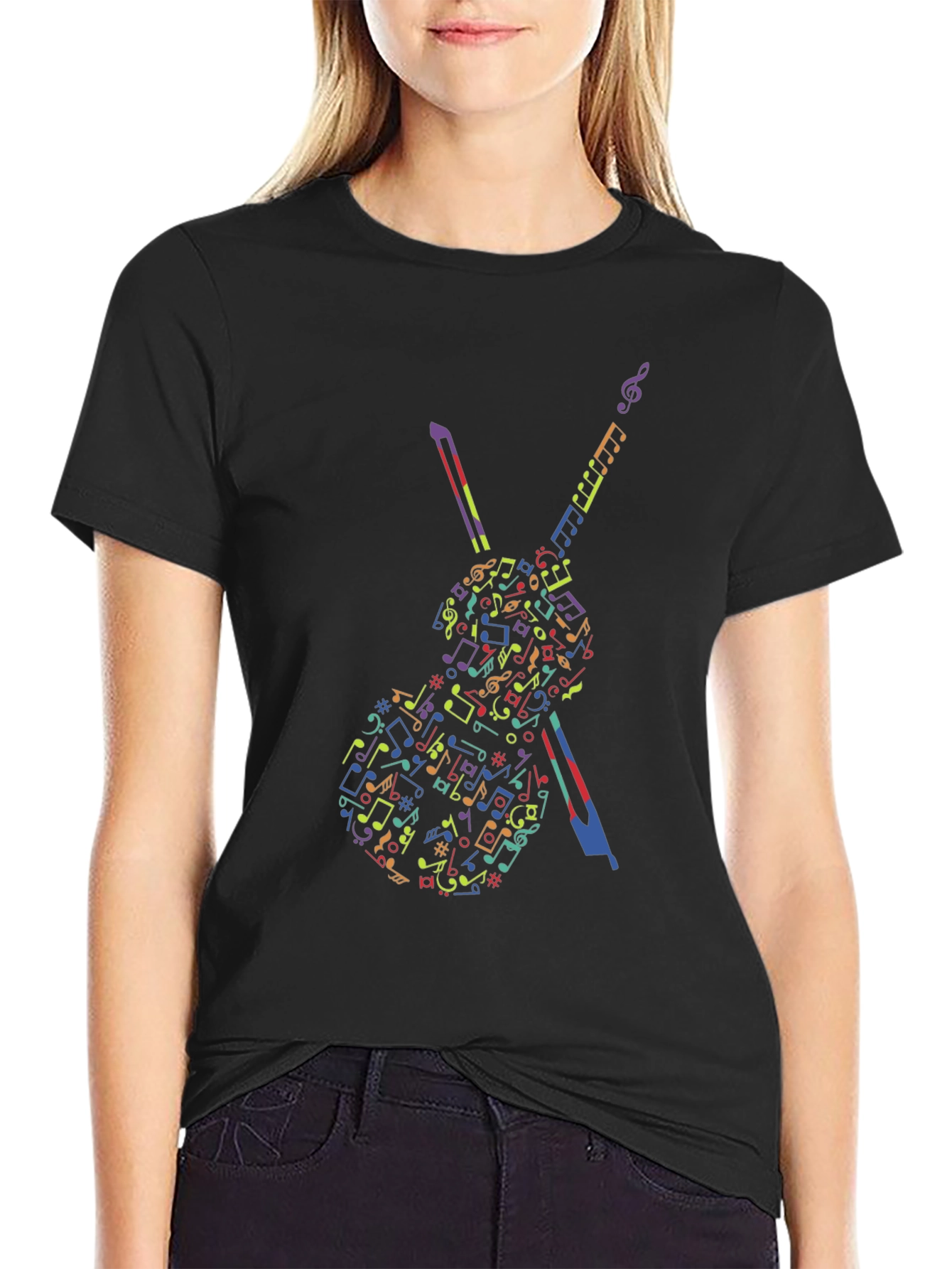 Black Musical Notes Violin Graphic Tee - Black view 2