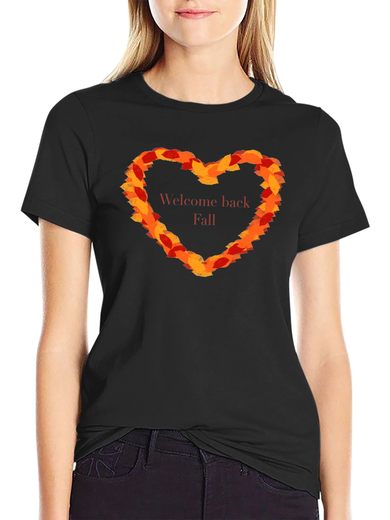 Black Welcome Back Fall Leaf Heart T-Shirt view 2