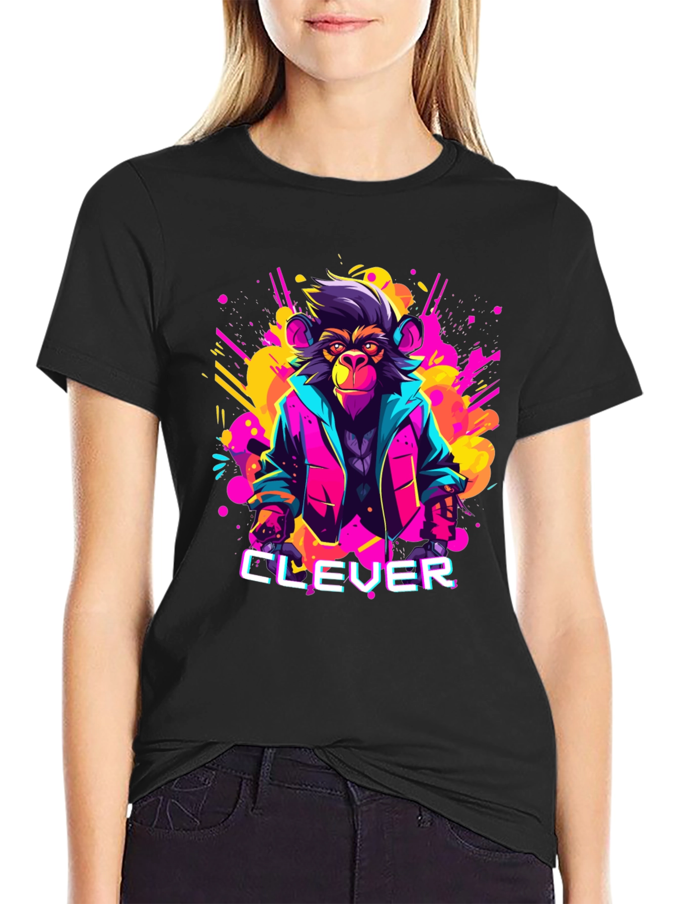 Black Clever Monkey Graphic Tee - Retro 80s Style view 2