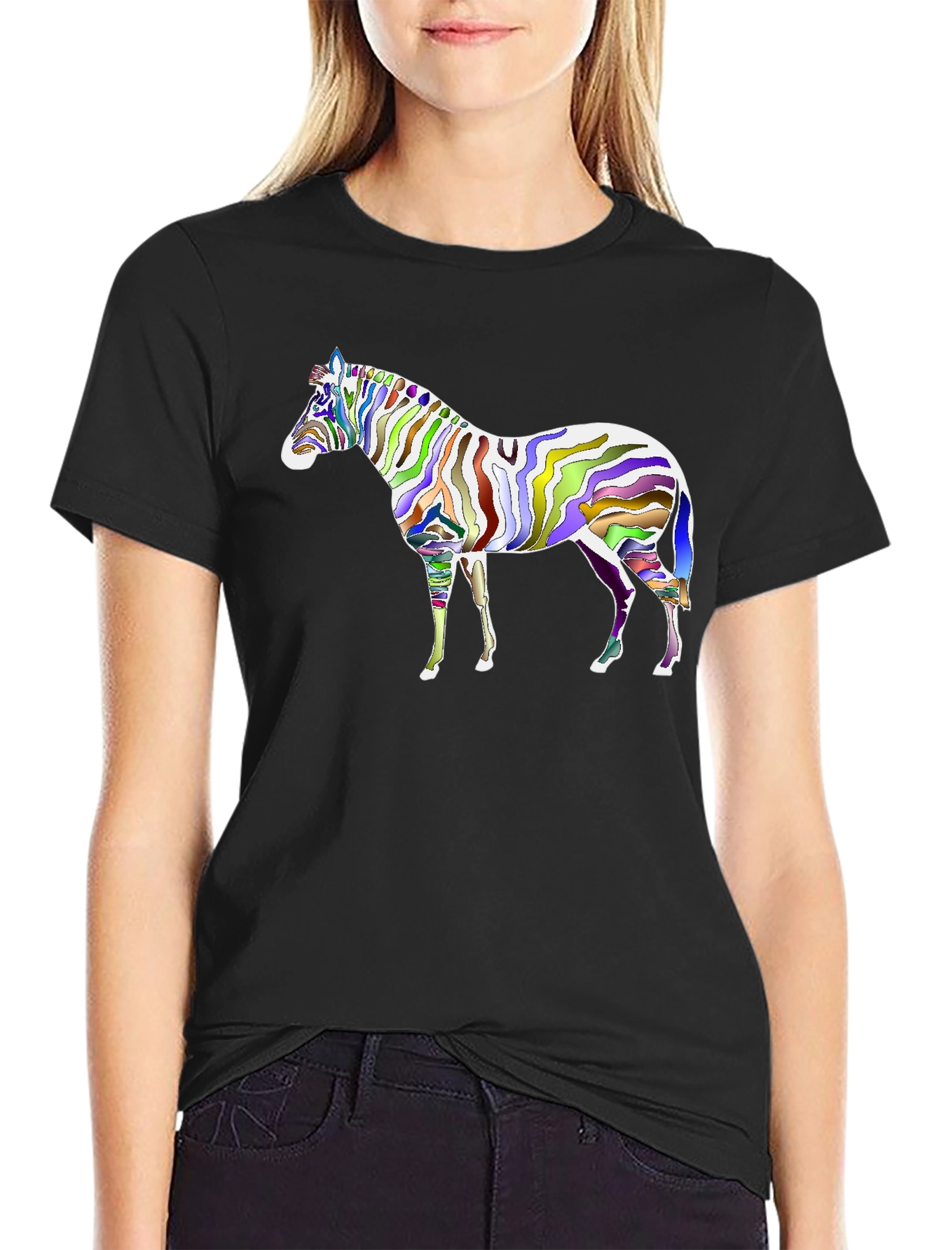 Black Colorful Zebra Graphic Black T-Shirt view 2