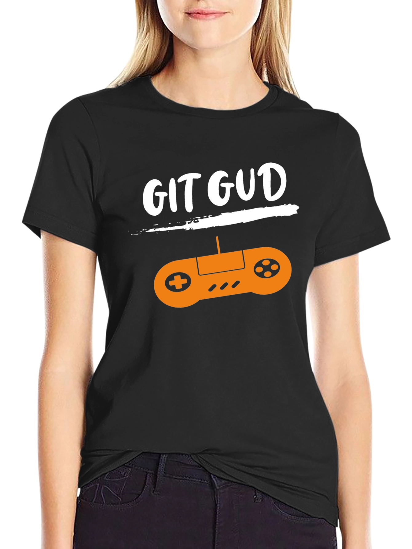 Black Git Gud Gamer T-Shirt - Black Cotton Tee with Controller Design view 2