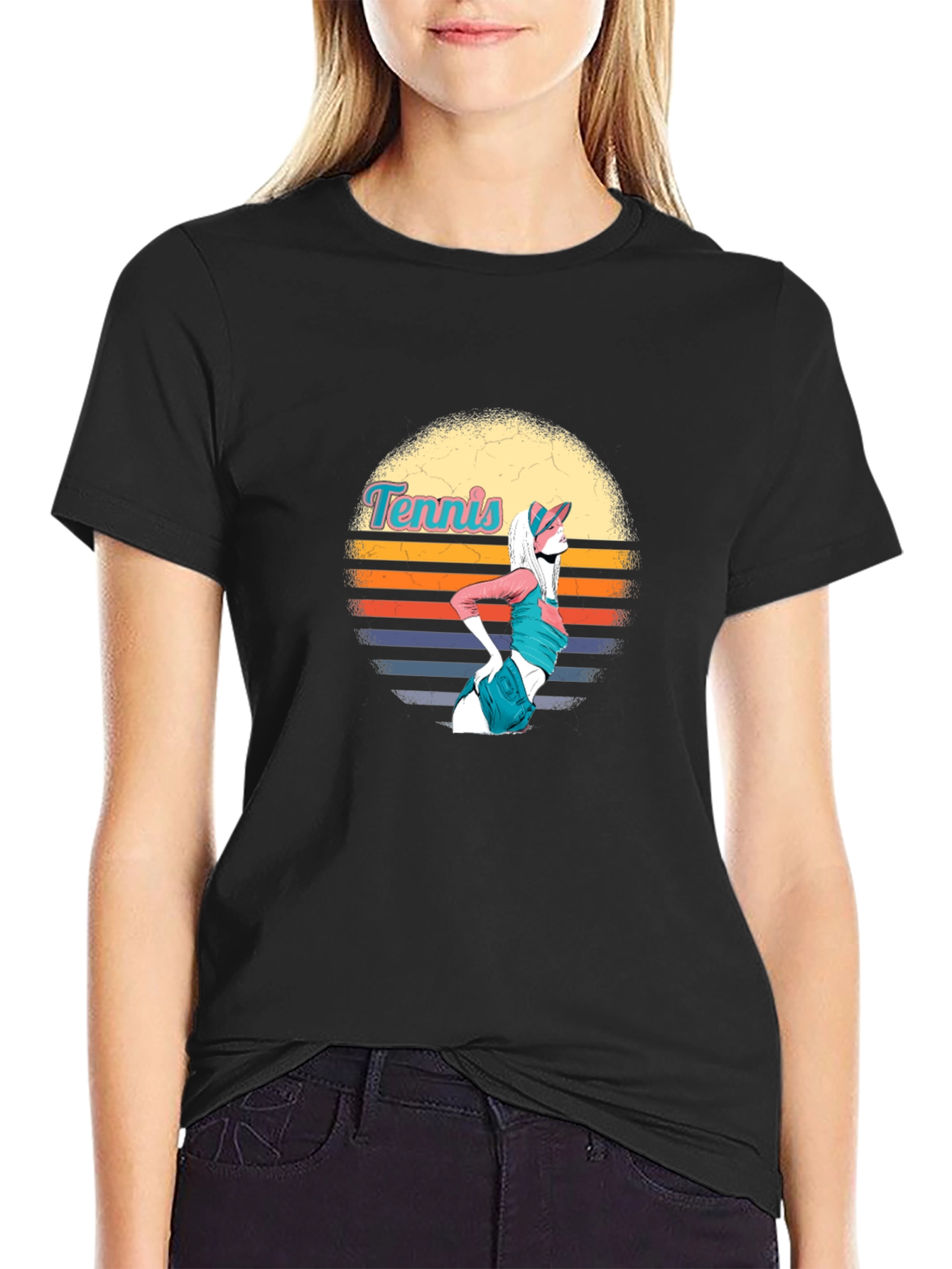 Black Retro Tennis Girl Graphic Tee - Black Cotton T-Shirt view 2