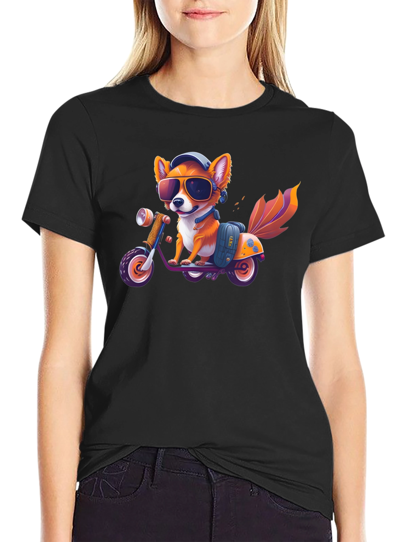 Black Cool Fox on Scooter Graphic T-Shirt view 2