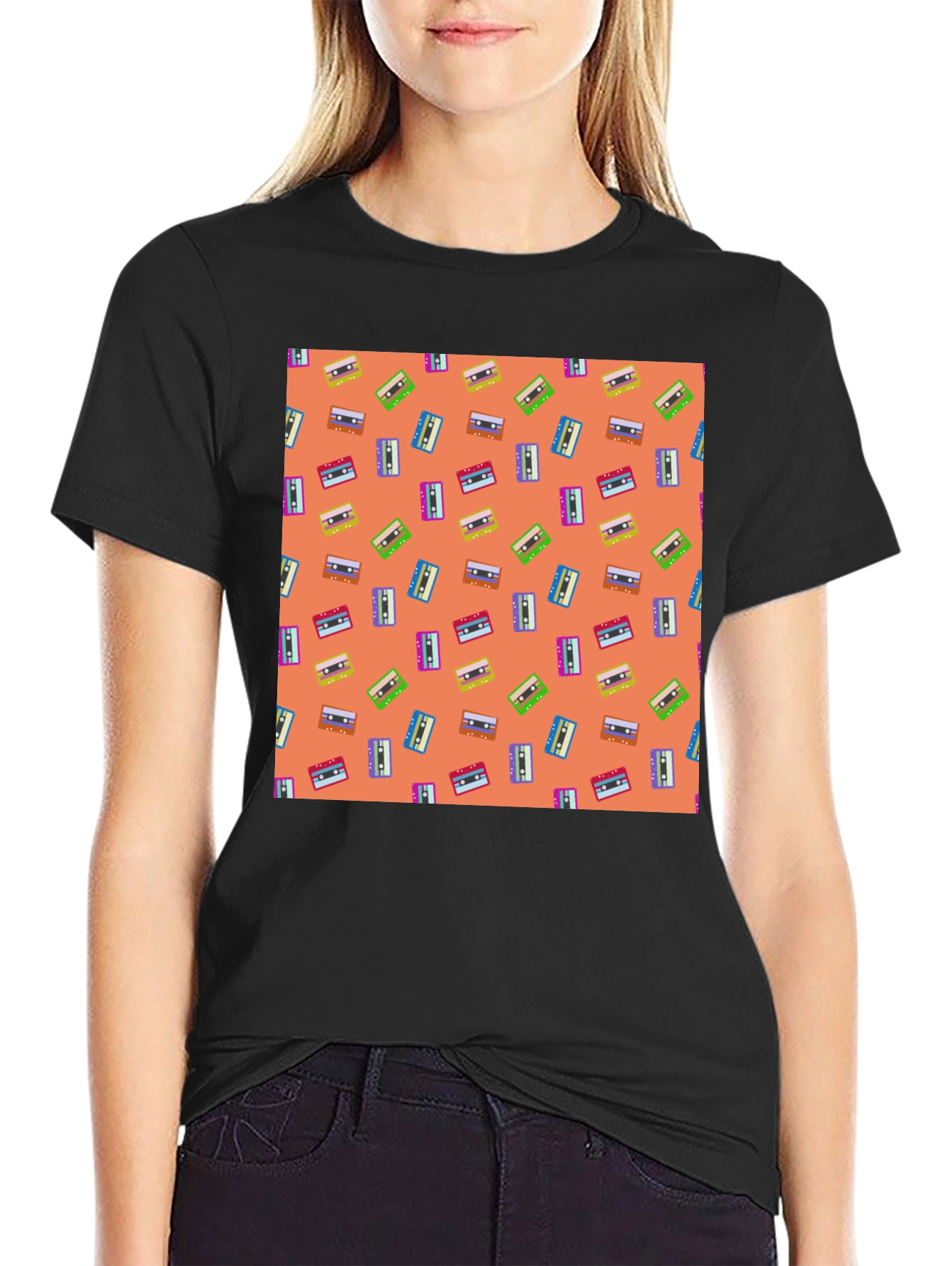 Black Retro Cassette Tape Pattern Tee - Black view 2