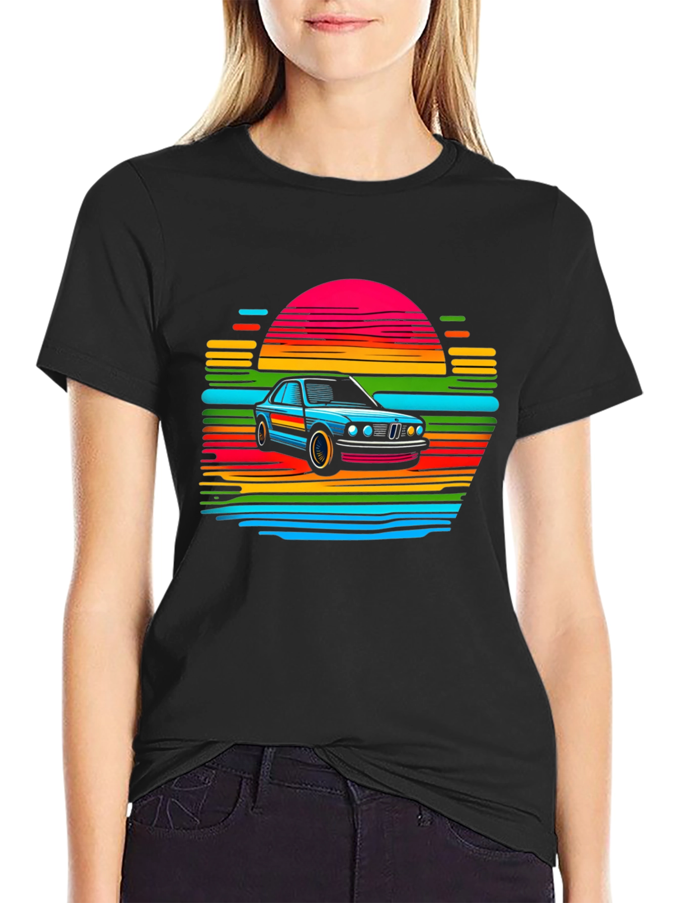Black Retro Car Sunset T-Shirt - Black view 2