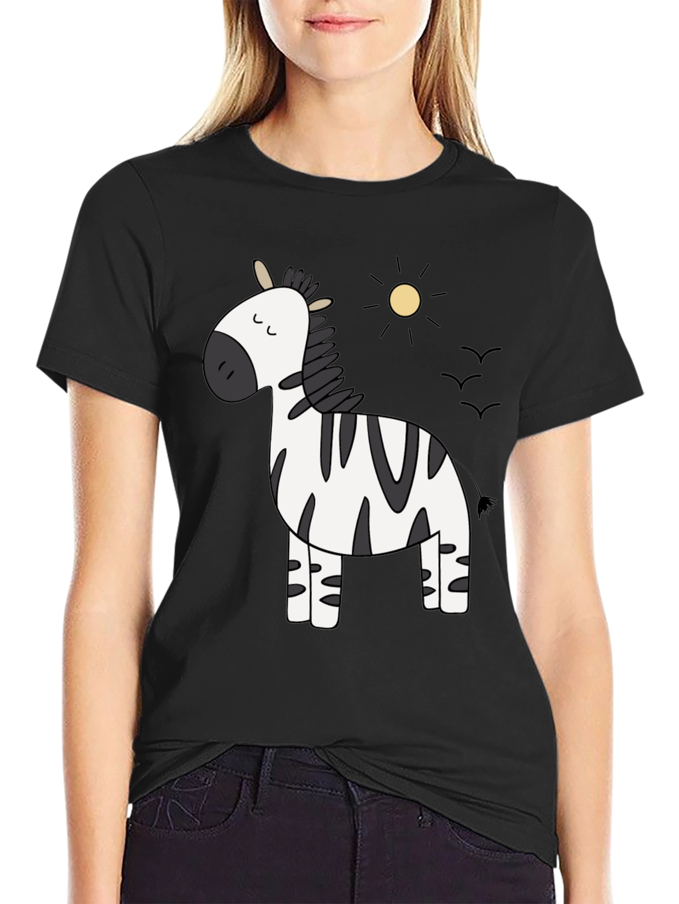 Black Cute Zebra Cartoon Graphic Black T-Shirt view 2