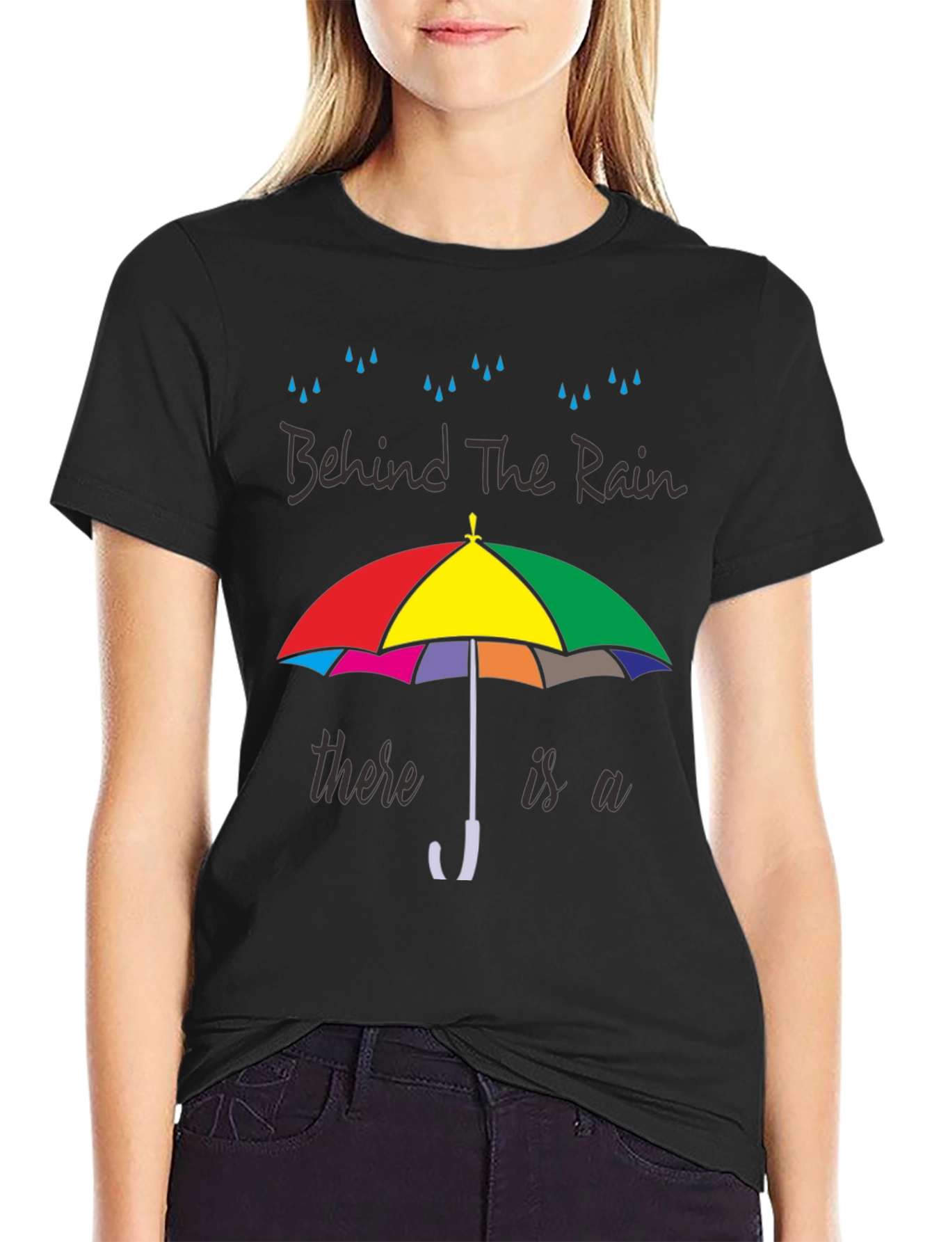 Black Behind The Rain T-Shirt - Colorful Umbrella Graphic Tee view 2