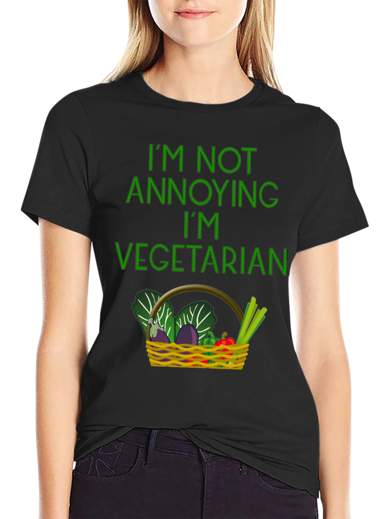 Black Funny Vegetarian T-Shirt - Basket of Veggies view 2