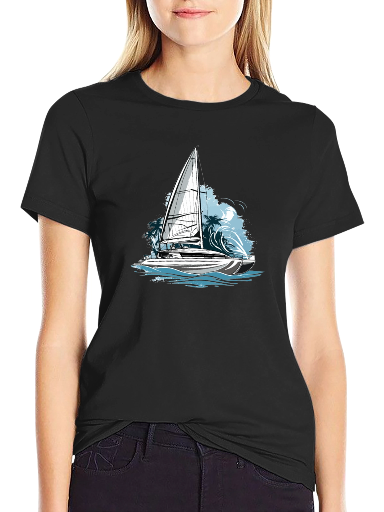 Black Nautical Sailboat Graphic Tee - Black Cotton Blend view 2