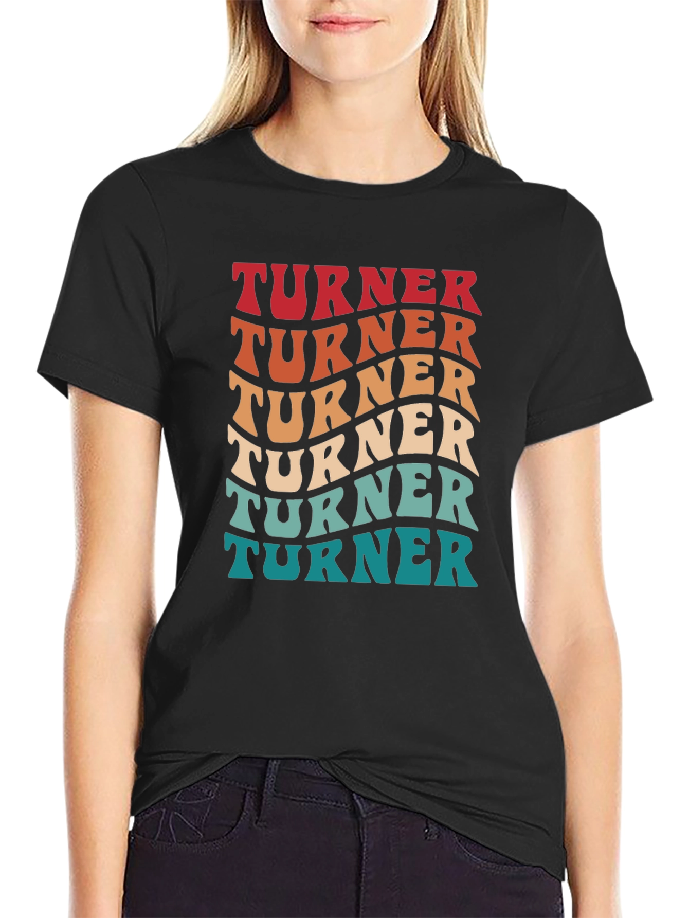 Black Wavy Turner Text Design Tee - Retro Style Shirt view 2