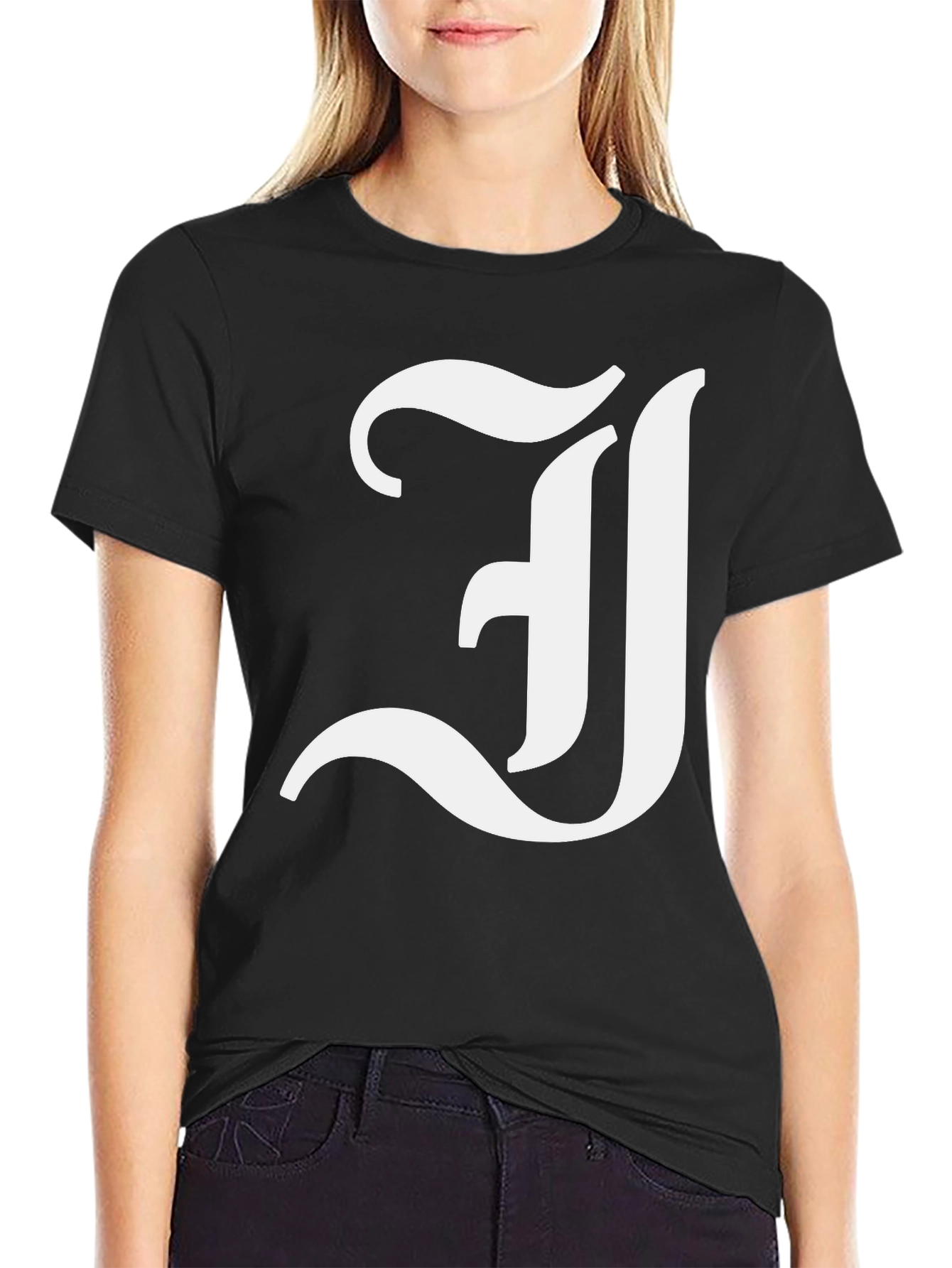Black Letter J Graphic Tee - Black Cotton Blend Shirt view 2