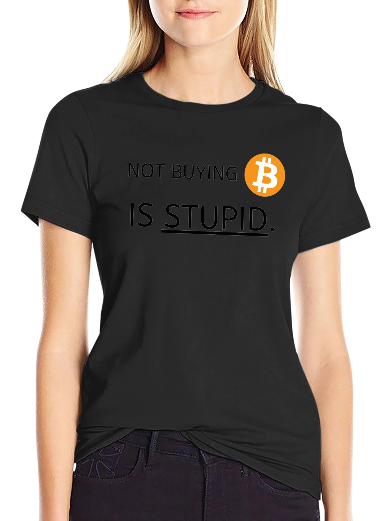 Black Bitcoin T-Shirt: Not Buying Is Stupid view 2