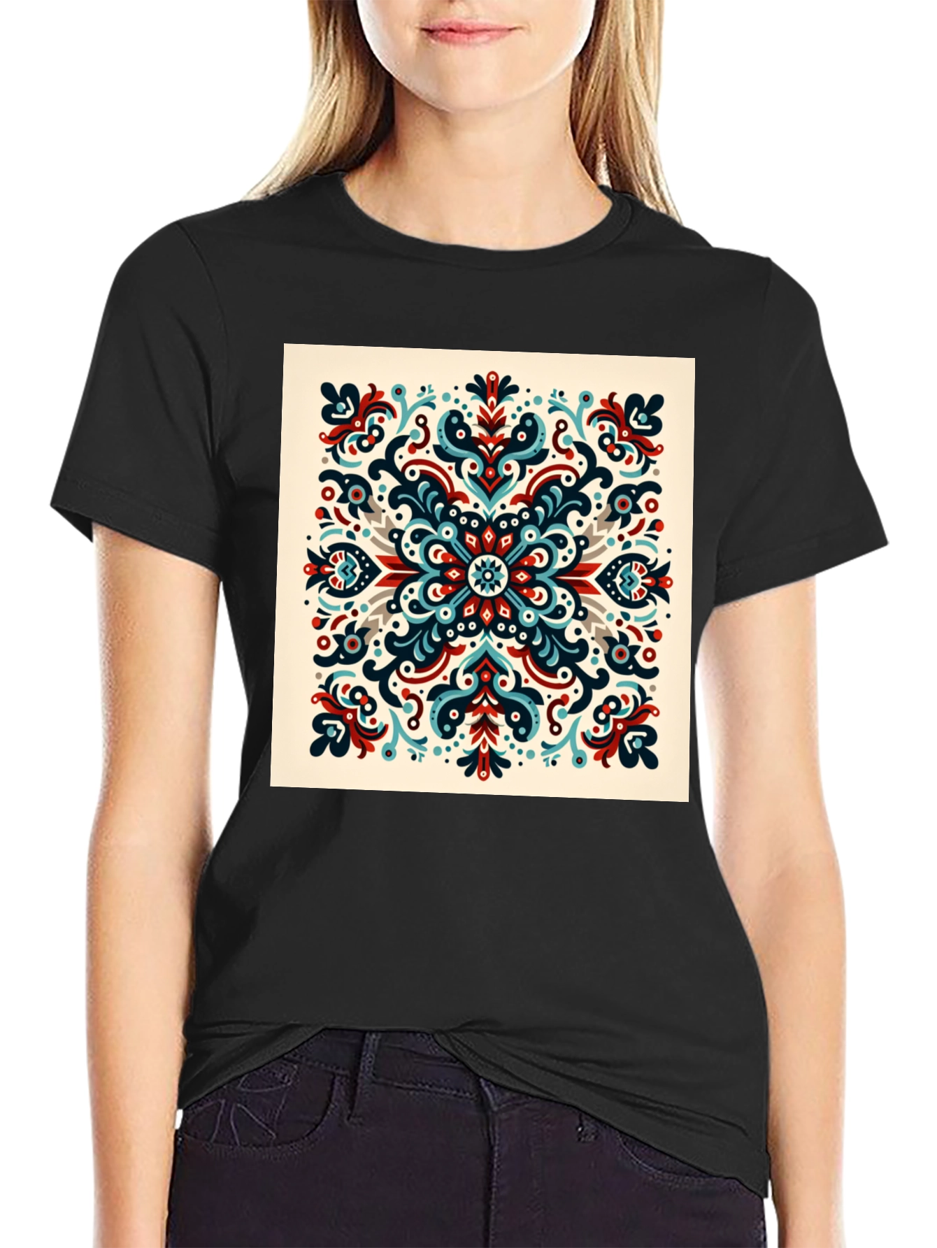 Black Ornamental Mandala Graphic Print Black T-Shirt view 2