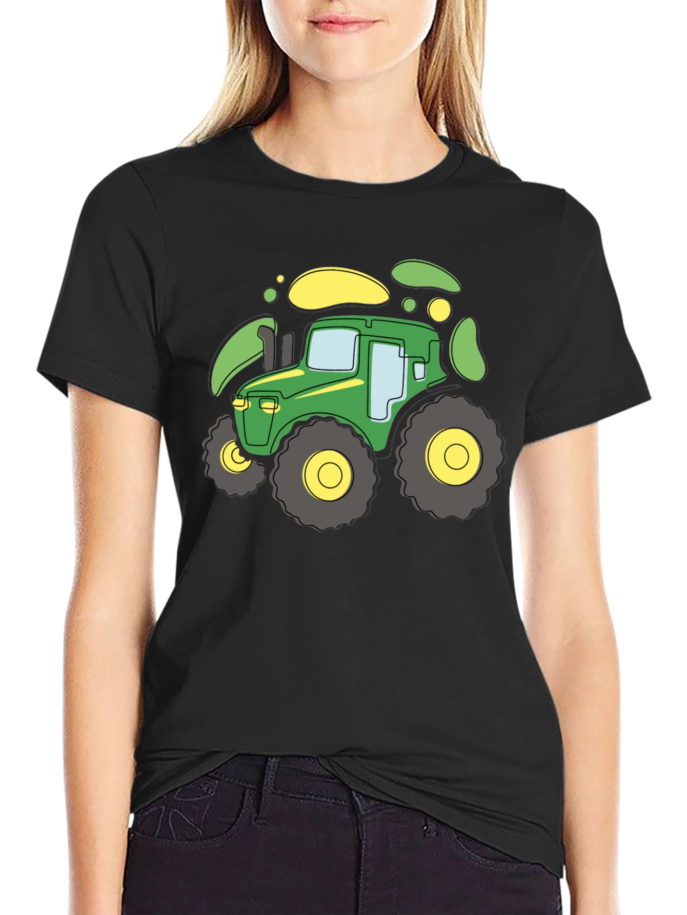Black Cartoon Tractor Graphic T-Shirt - Black view 2