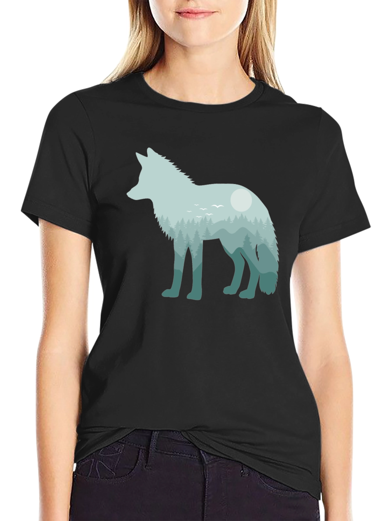Black Wolf Nature Scene Graphic Tee - Unisex Black T-Shirt view 2