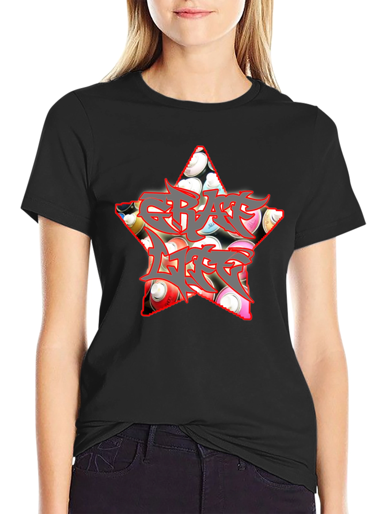 Black Graffiti Life Star T-Shirt - Unique Graphic Tee view 2