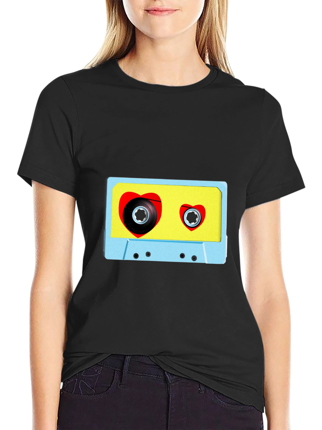 Black Retro Love Tape T-Shirt - Vintage Heart Cassette Tee view 2