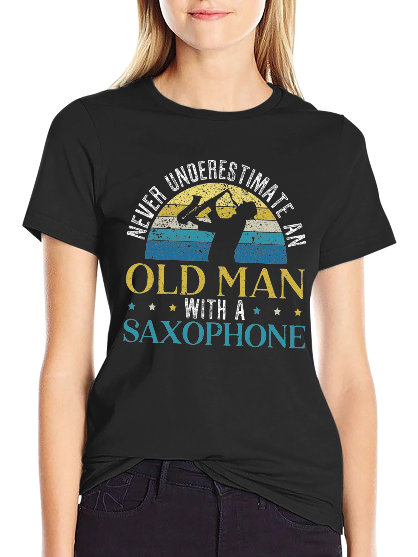 Black Never Underestimate Old Man Saxophone T-Shirt view 2