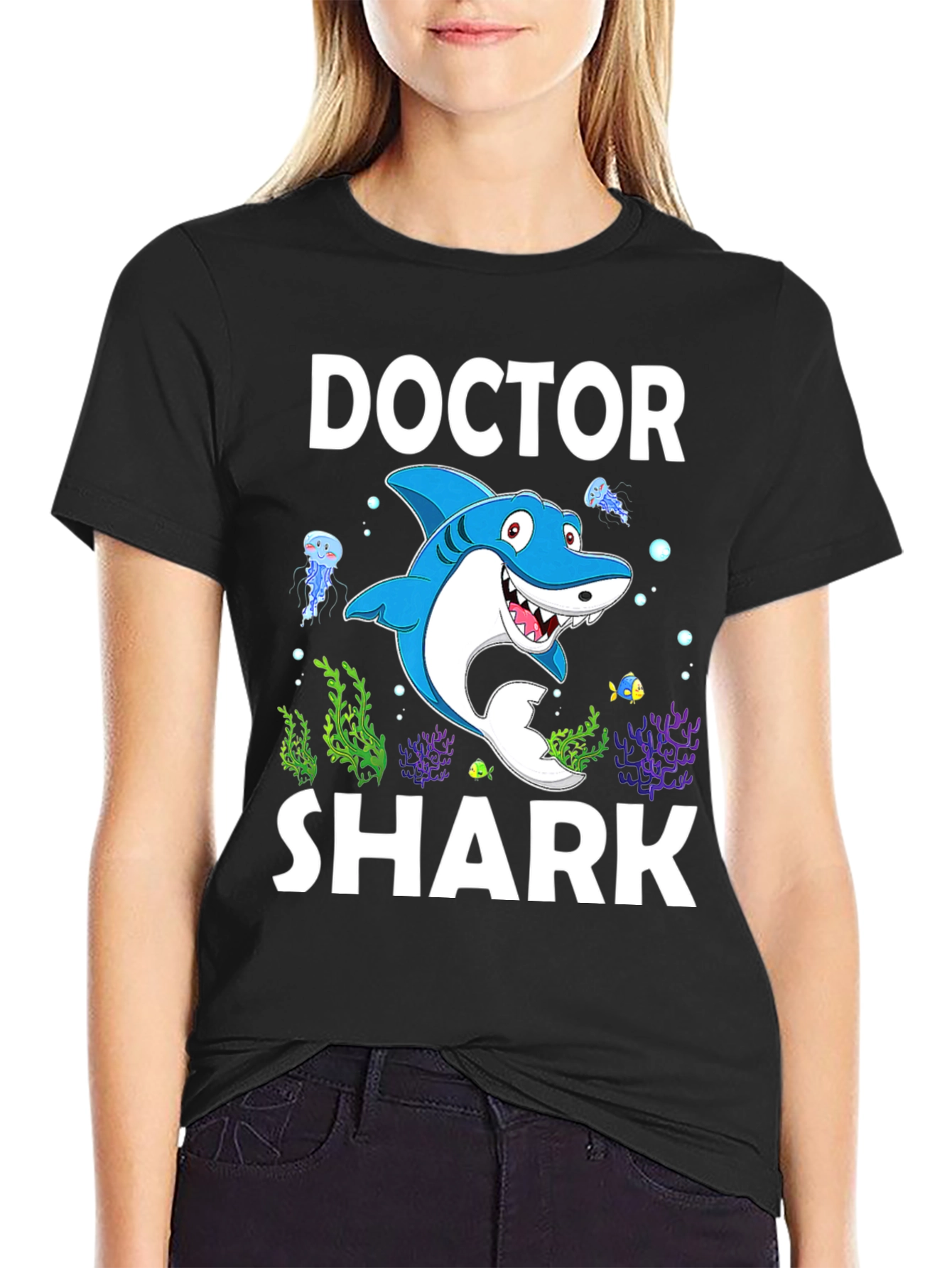 Black Doctor Shark Graphic Tee - Funny Cartoon Shirt view 2