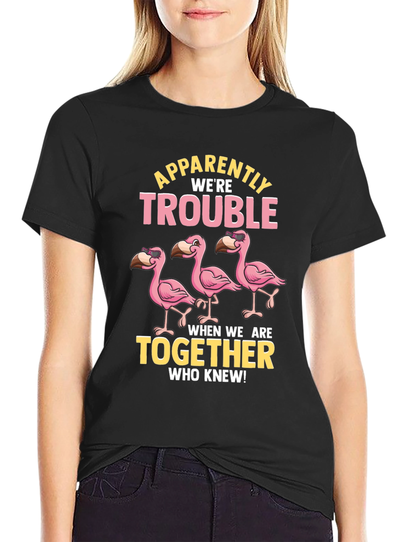 Black Funny Flamingo Trouble T-Shirt view 2