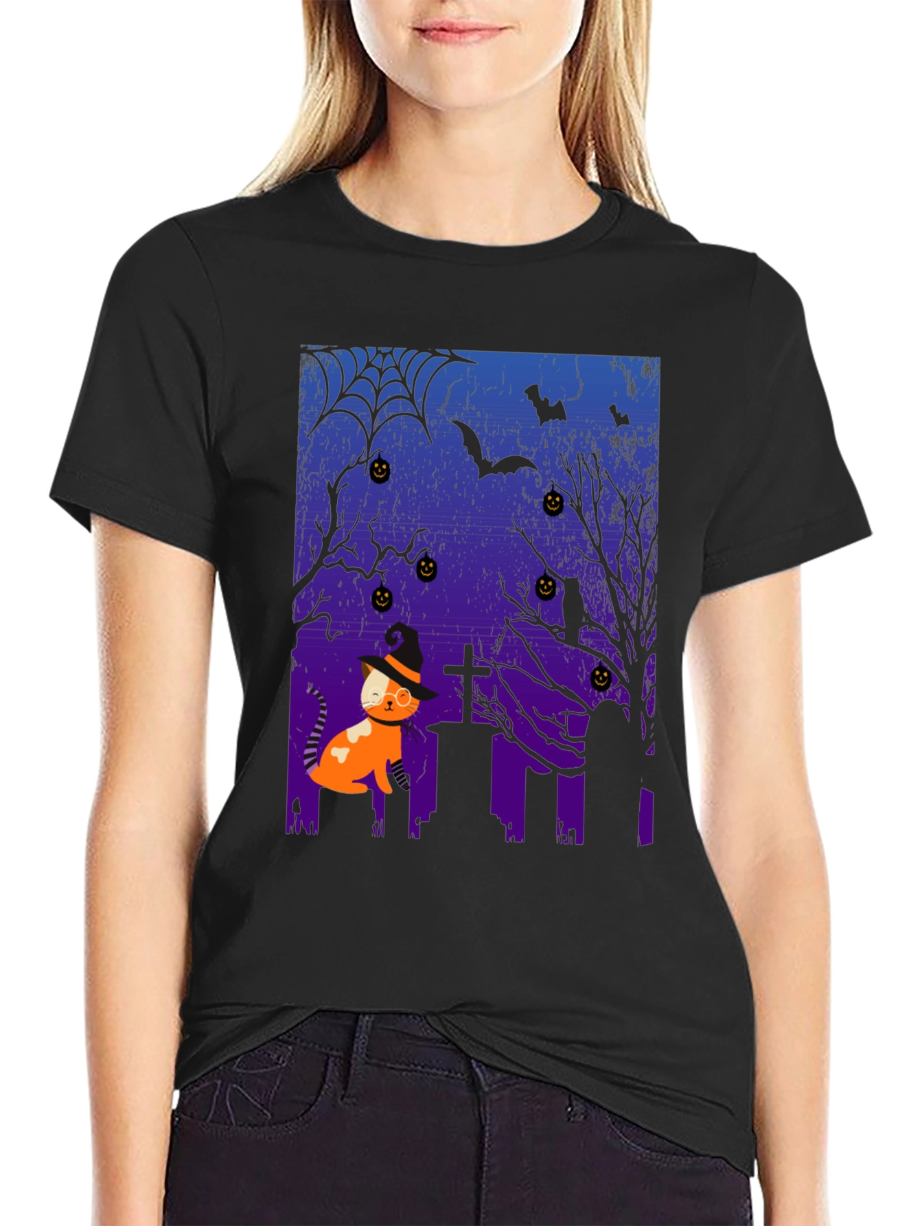 Black Halloween Cat T-Shirt - Spooky Graveyard Design view 2