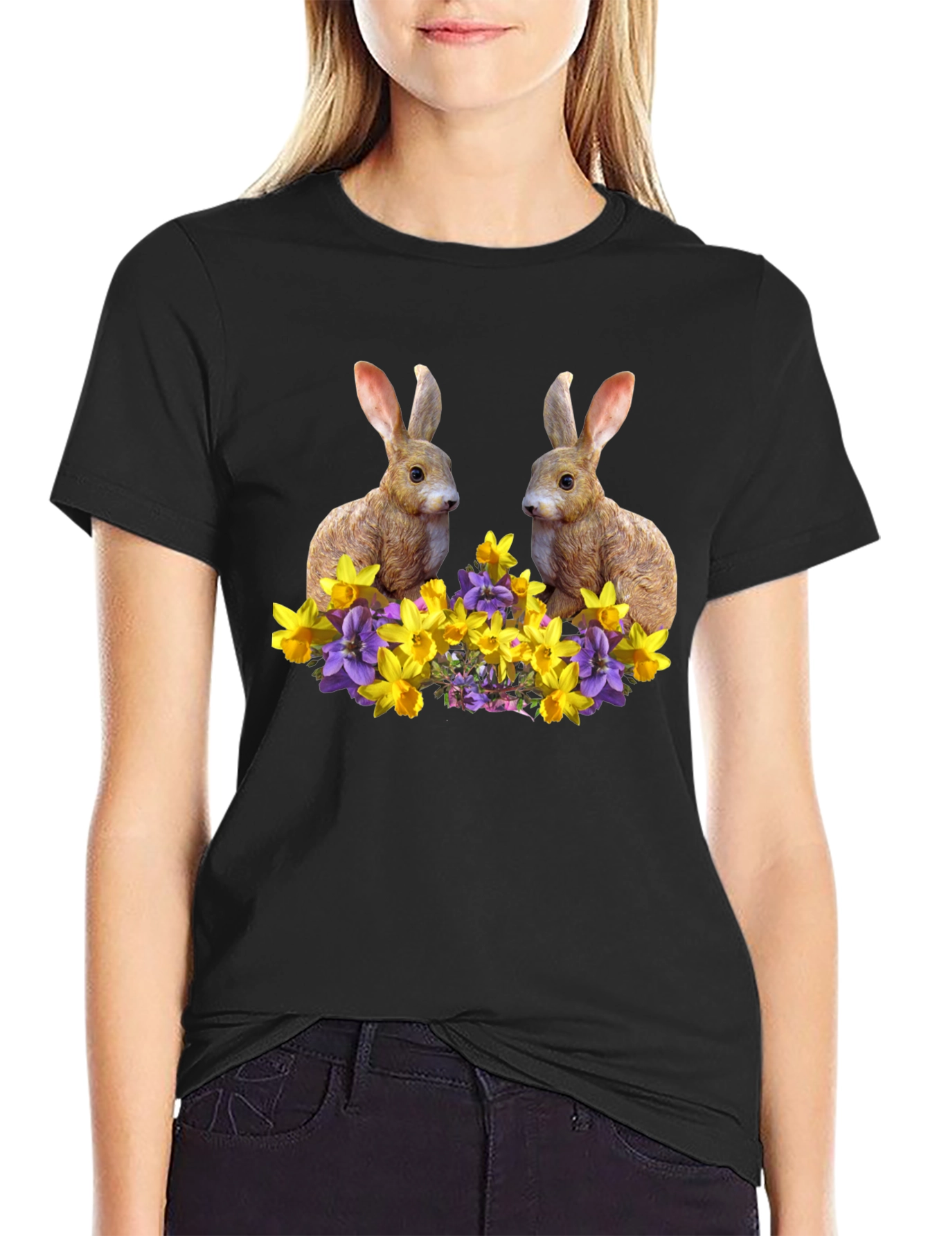 Black Bunny & Floral Print Black T-Shirt view 2