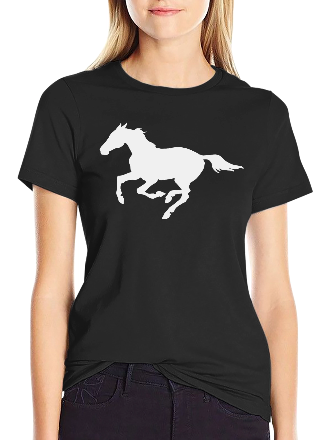 Black Black T-Shirt with White Horse Graphic view 2