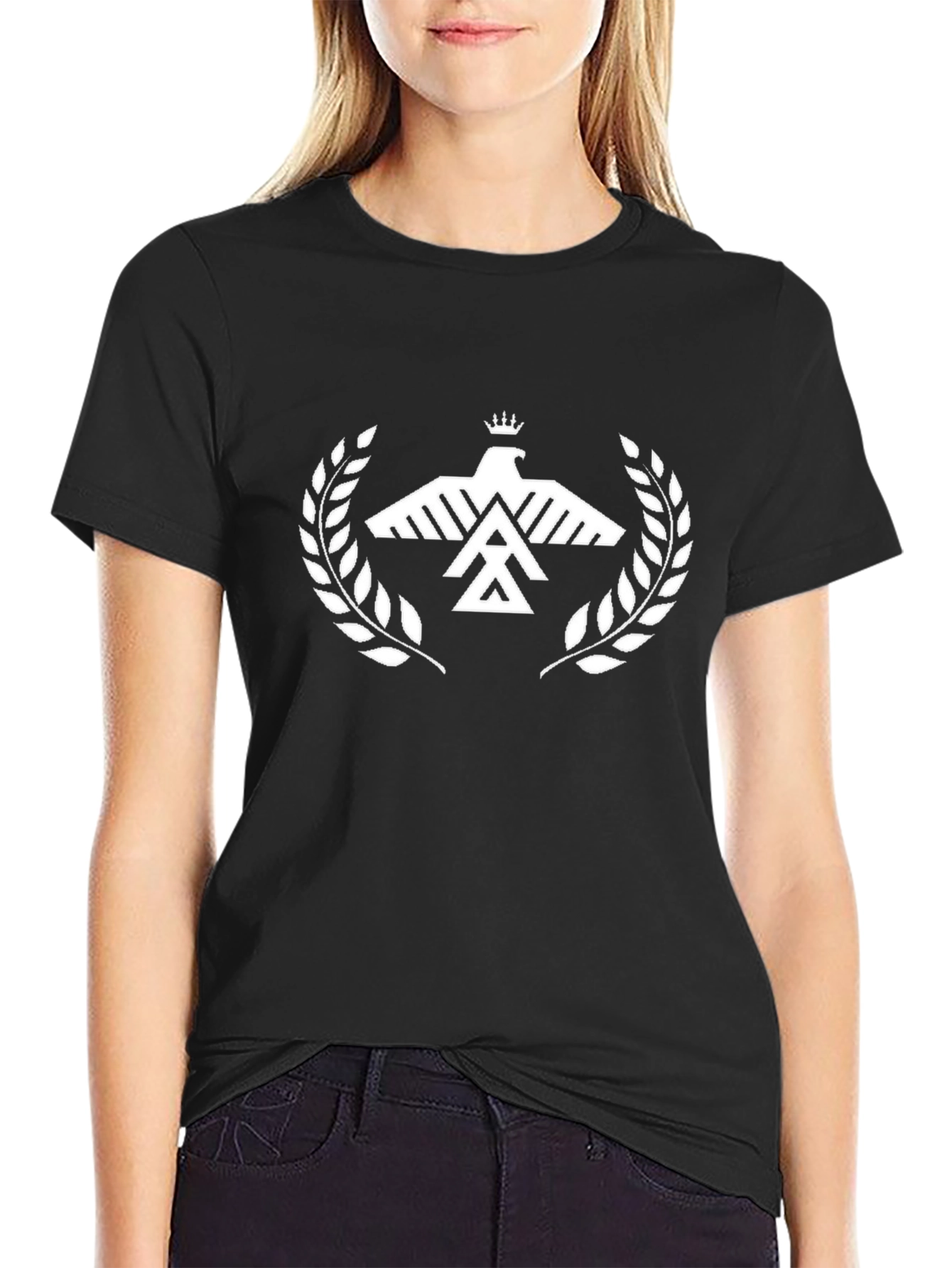 Black Black T-Shirt with White Eagle Crown Design view 2