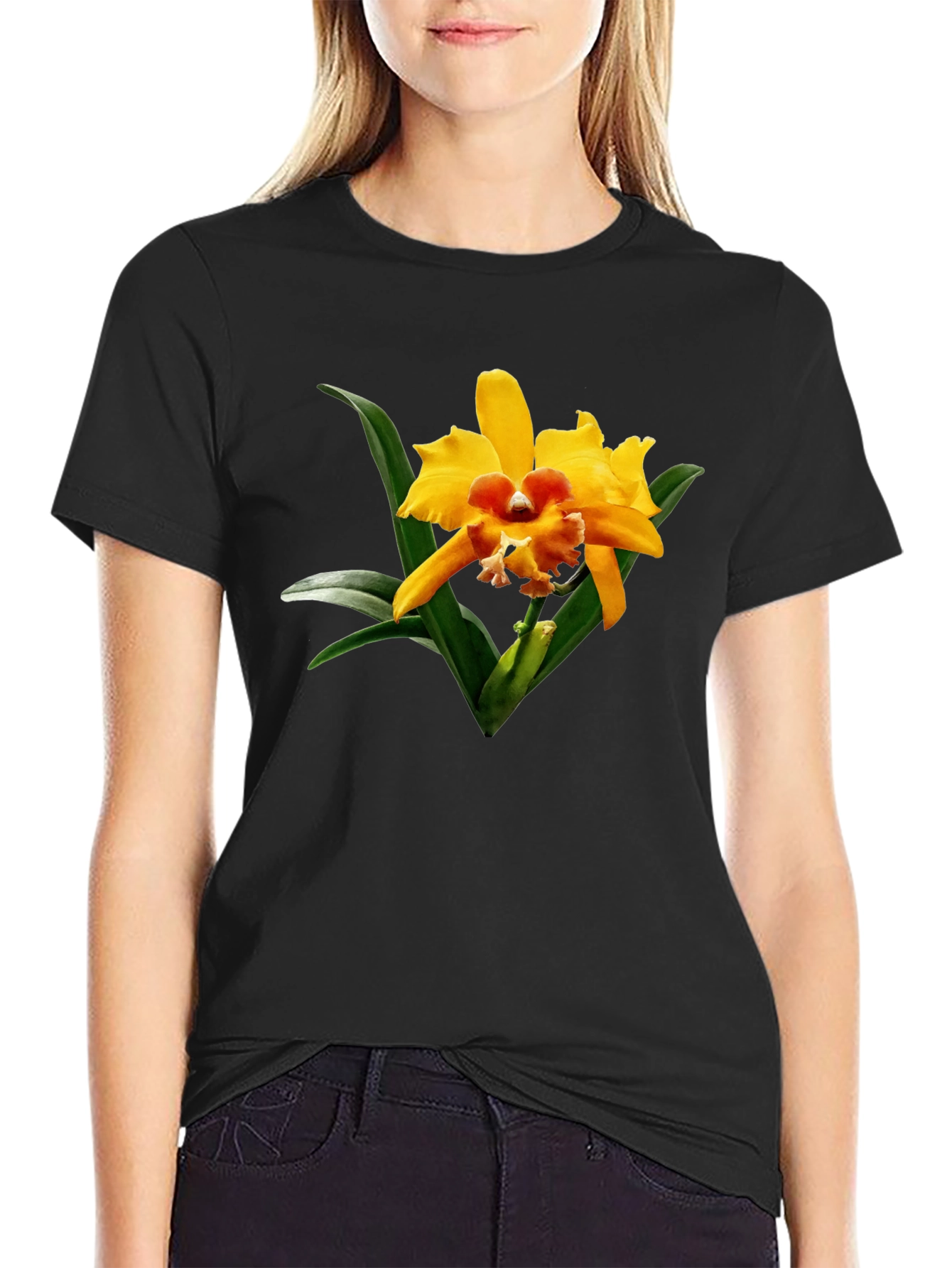 Black Floral Graphic Tee - Exotic Orchid Black T-Shirt view 2