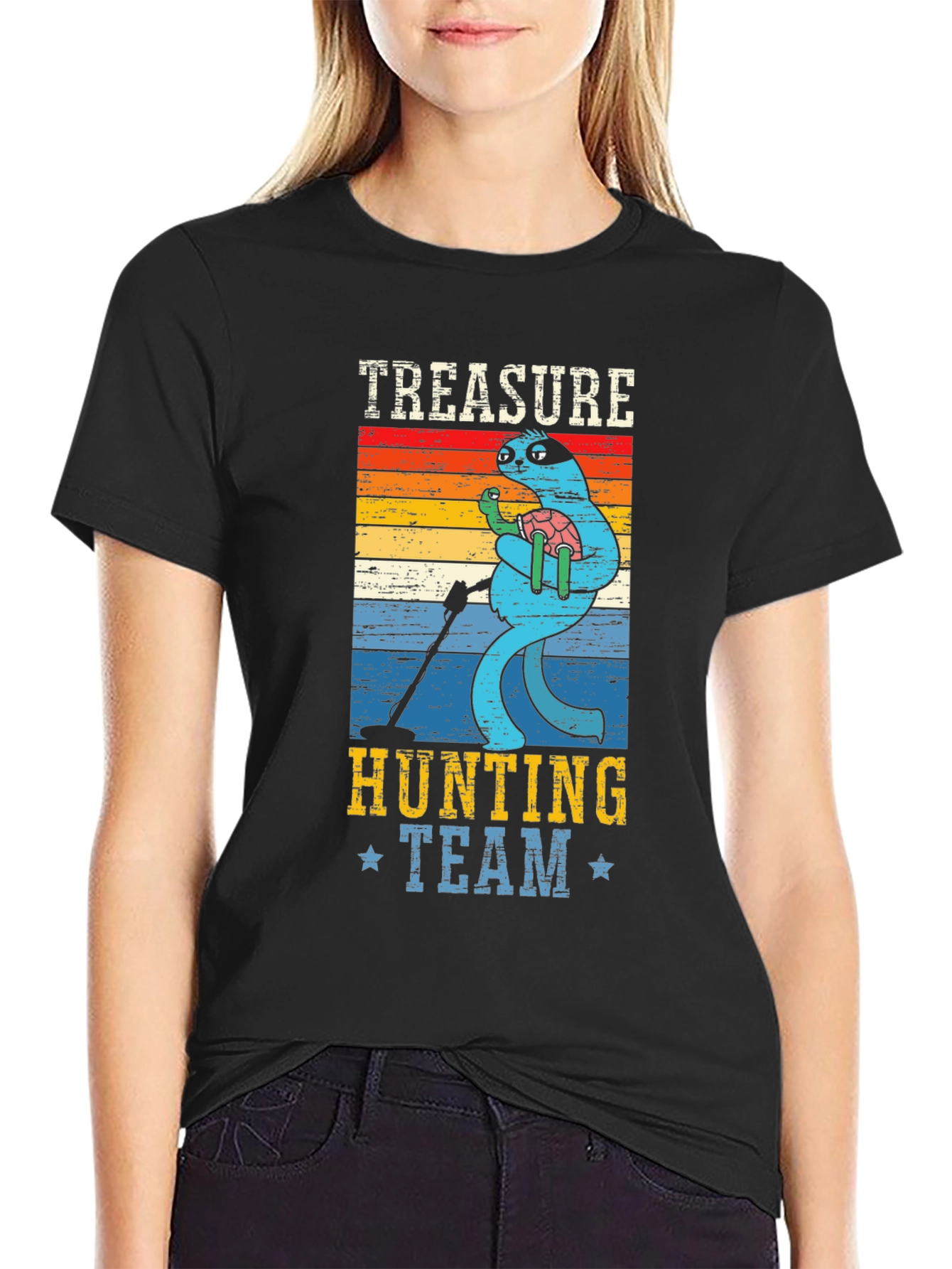 Black Treasure Hunting Team Sloth Graphic T-Shirt view 2