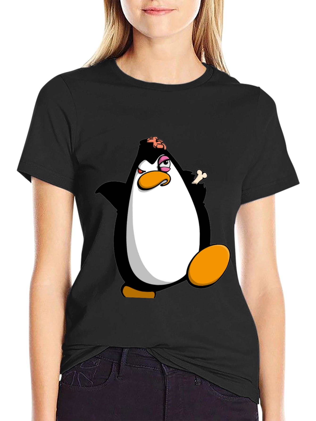 Black Funny Penguin Cartoon Graphic Print Black T-Shirt view 2