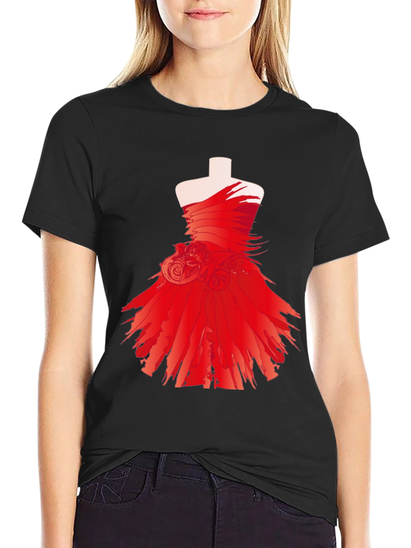 Black Statement Black Tee with Red Dress Design view 2