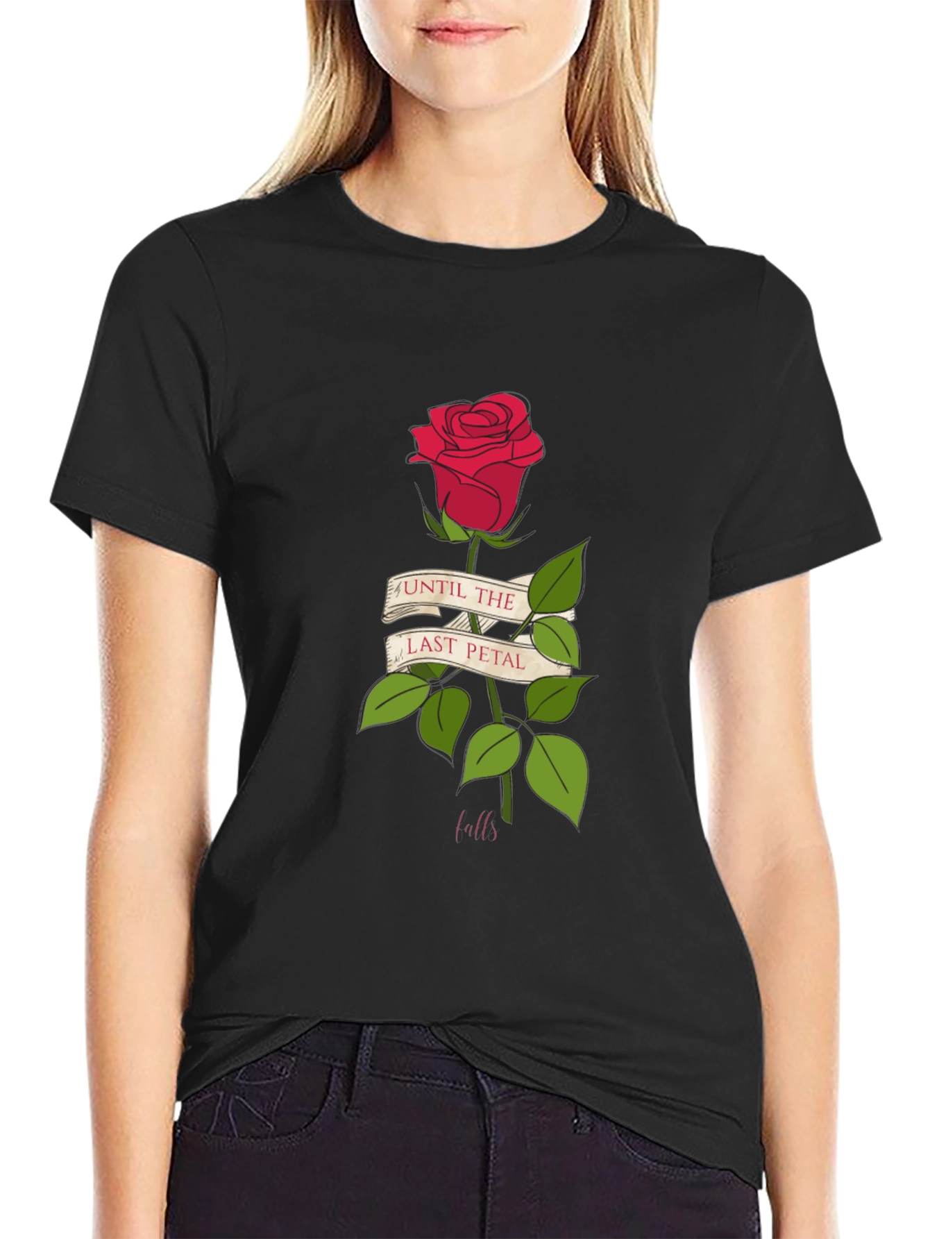 Black Until Last Petal Falls Rose Graphic Tee view 2