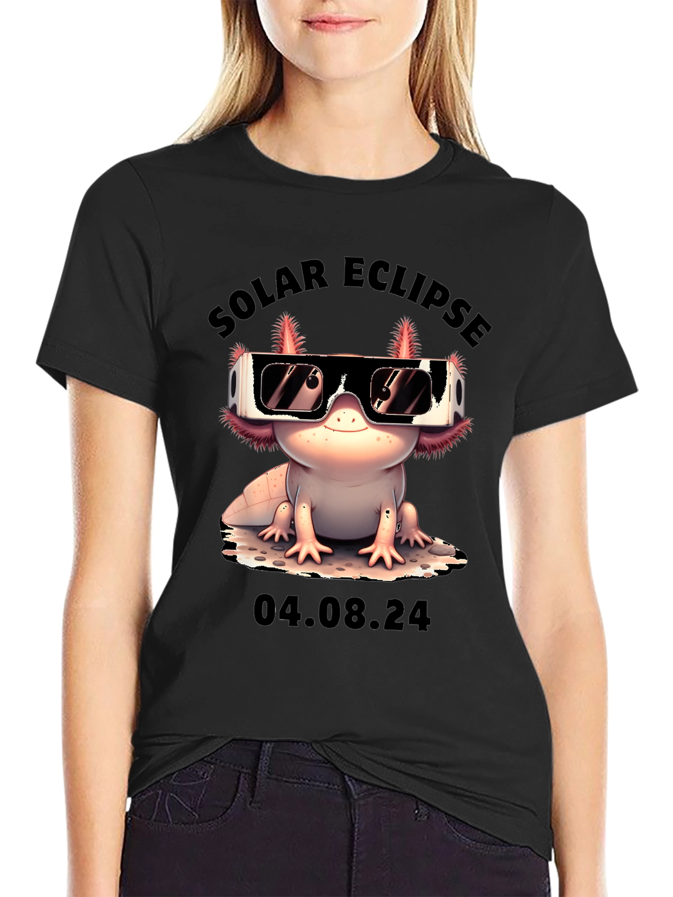 Black Solar Eclipse Axolotl T-Shirt - August 4, 2024 view 2