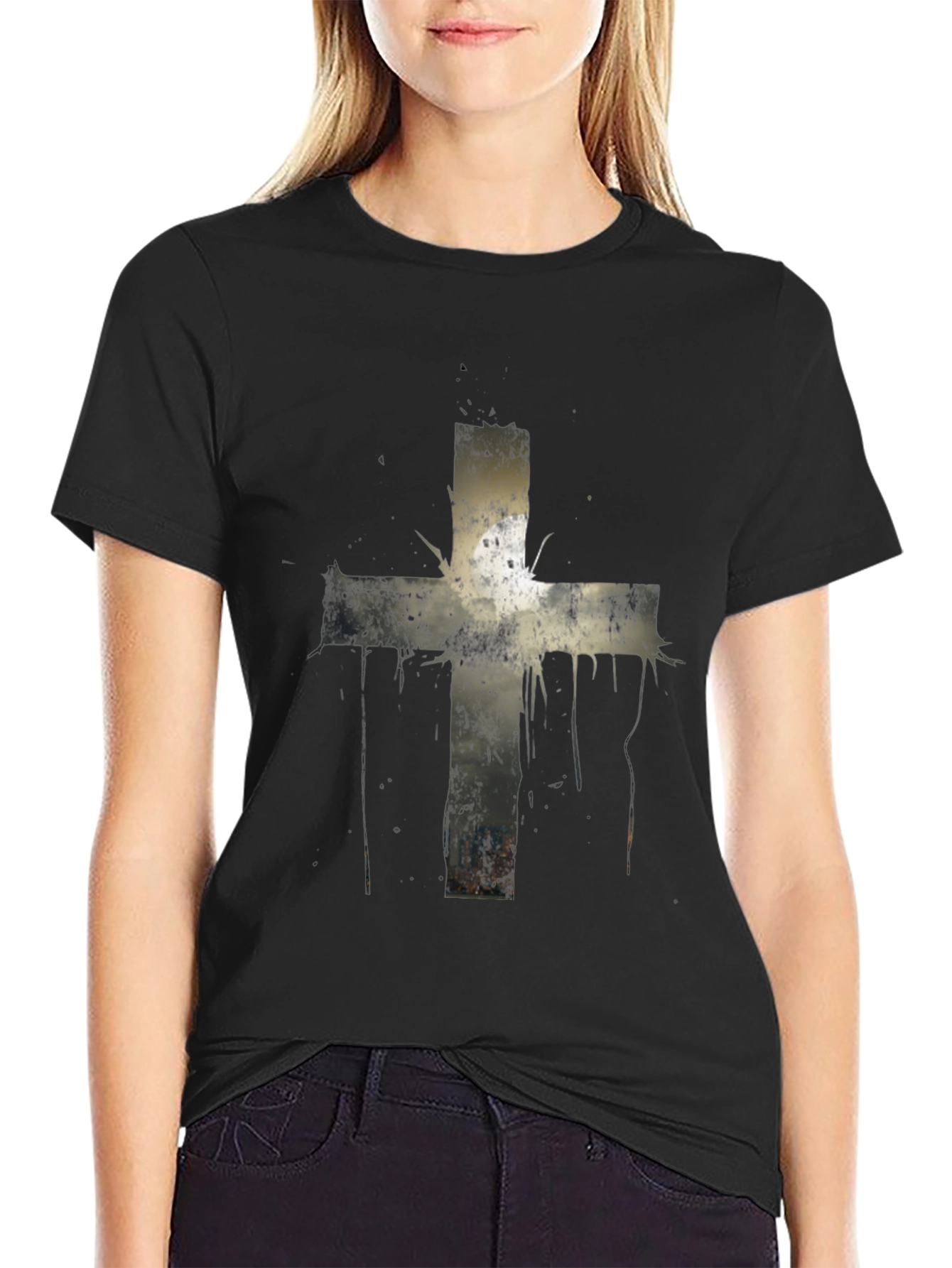 Black Grunge Cross Graphic Print Tee - Black view 2