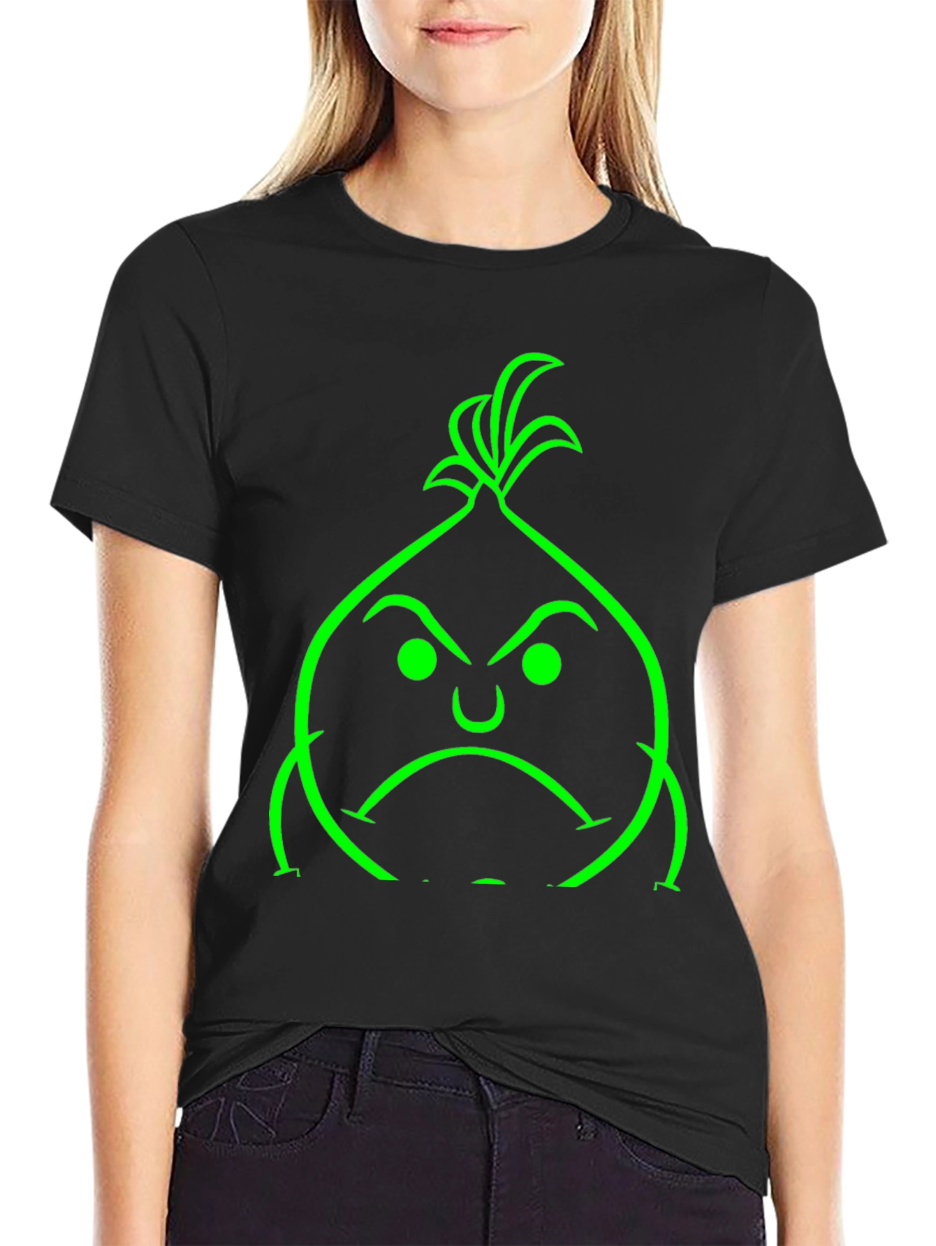 Black Grumpy Green Onion Graphic Tee - Black Cotton Blend view 2